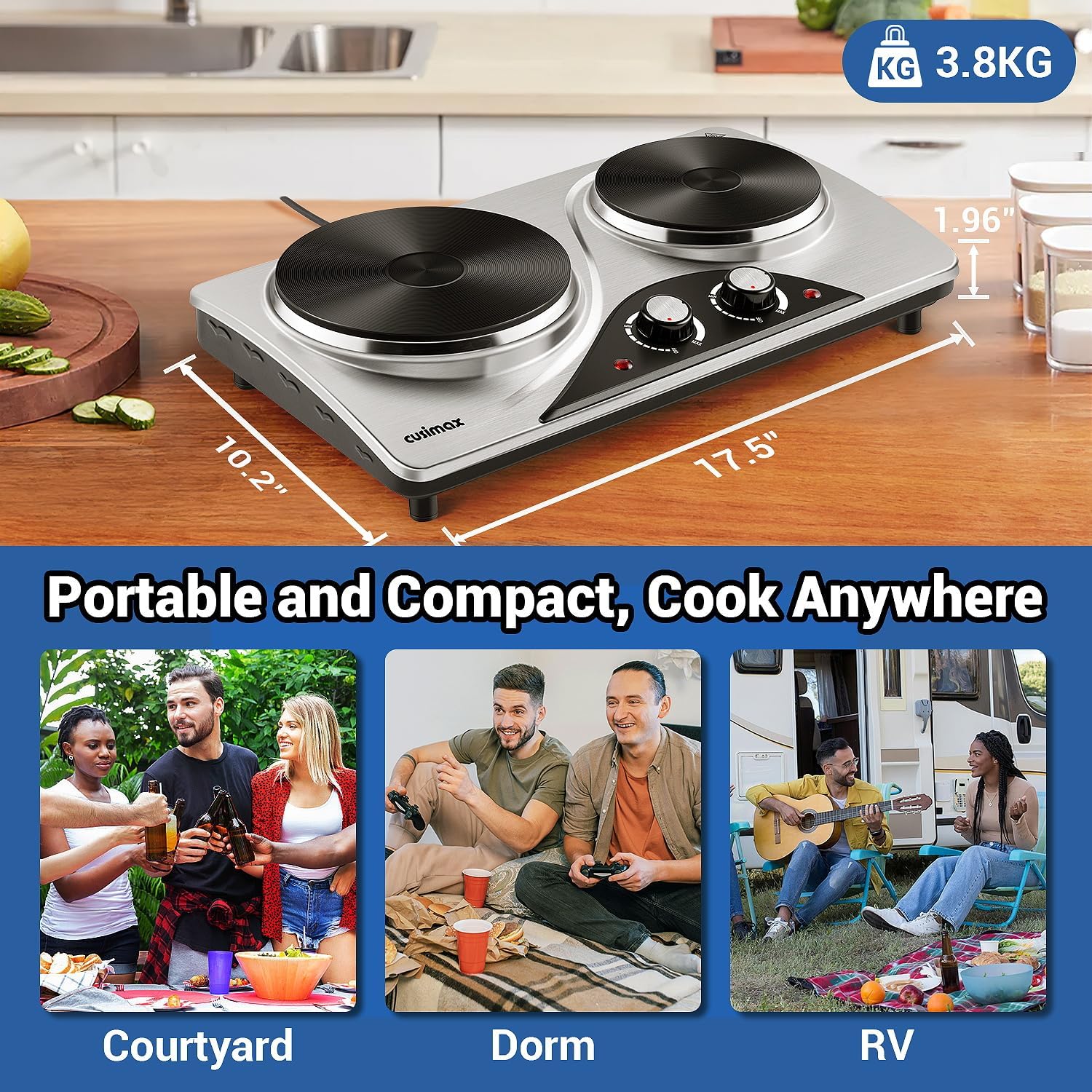 CUSIMAX Electric Hot Plate for Cooking Portable Single Burner 1500W Cast Iron hot plates Heat-up in Seconds Adjustable Temperature Control Stainless Steel Non-Slip Rubber Feet Upgraded Version B101