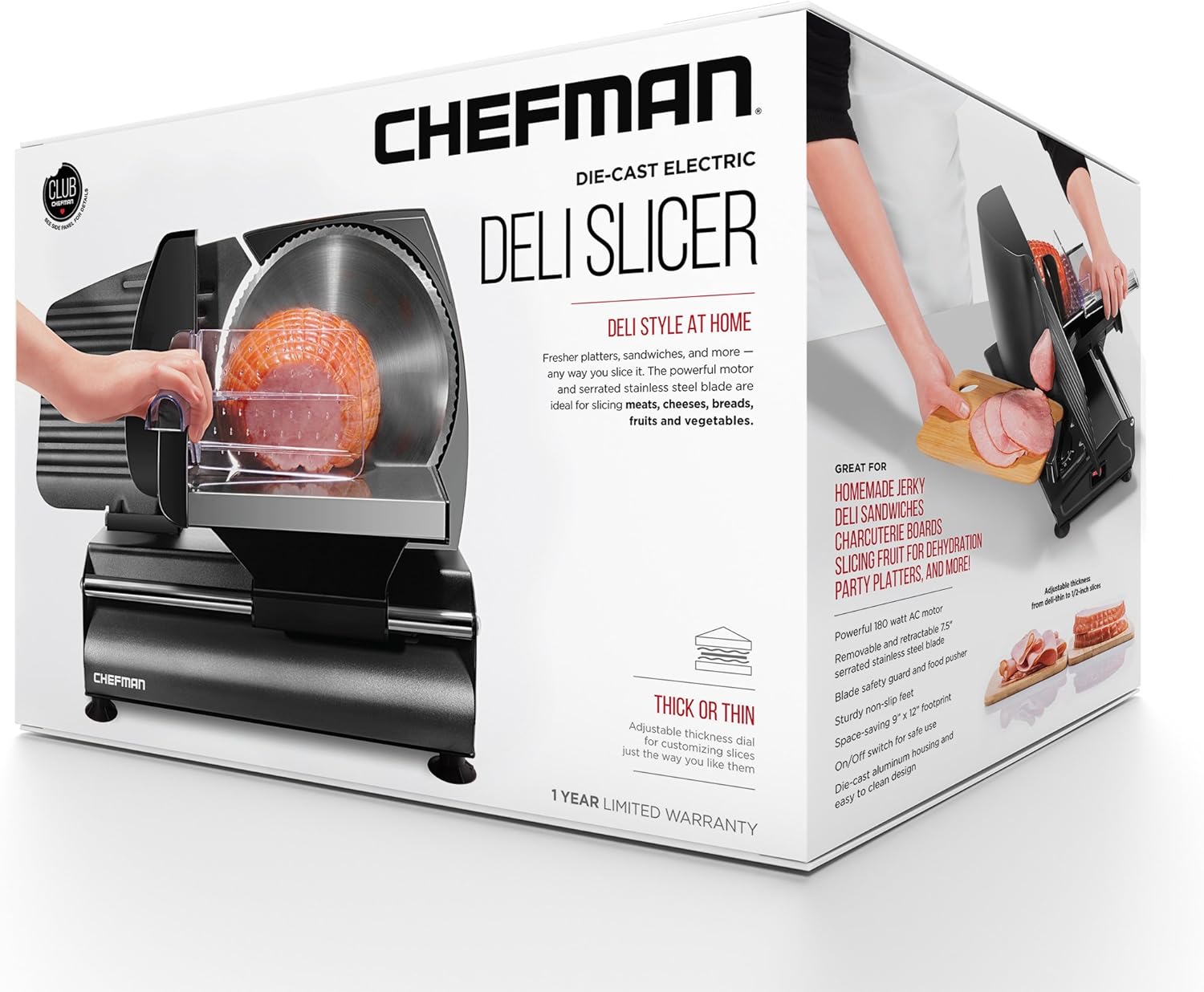 Chefman Electric Deli Slicer With Adjustable Slices, Stainless Steel Blades, Safe Feet - For Ham, Cheese, Bread, Fruit & Veggies