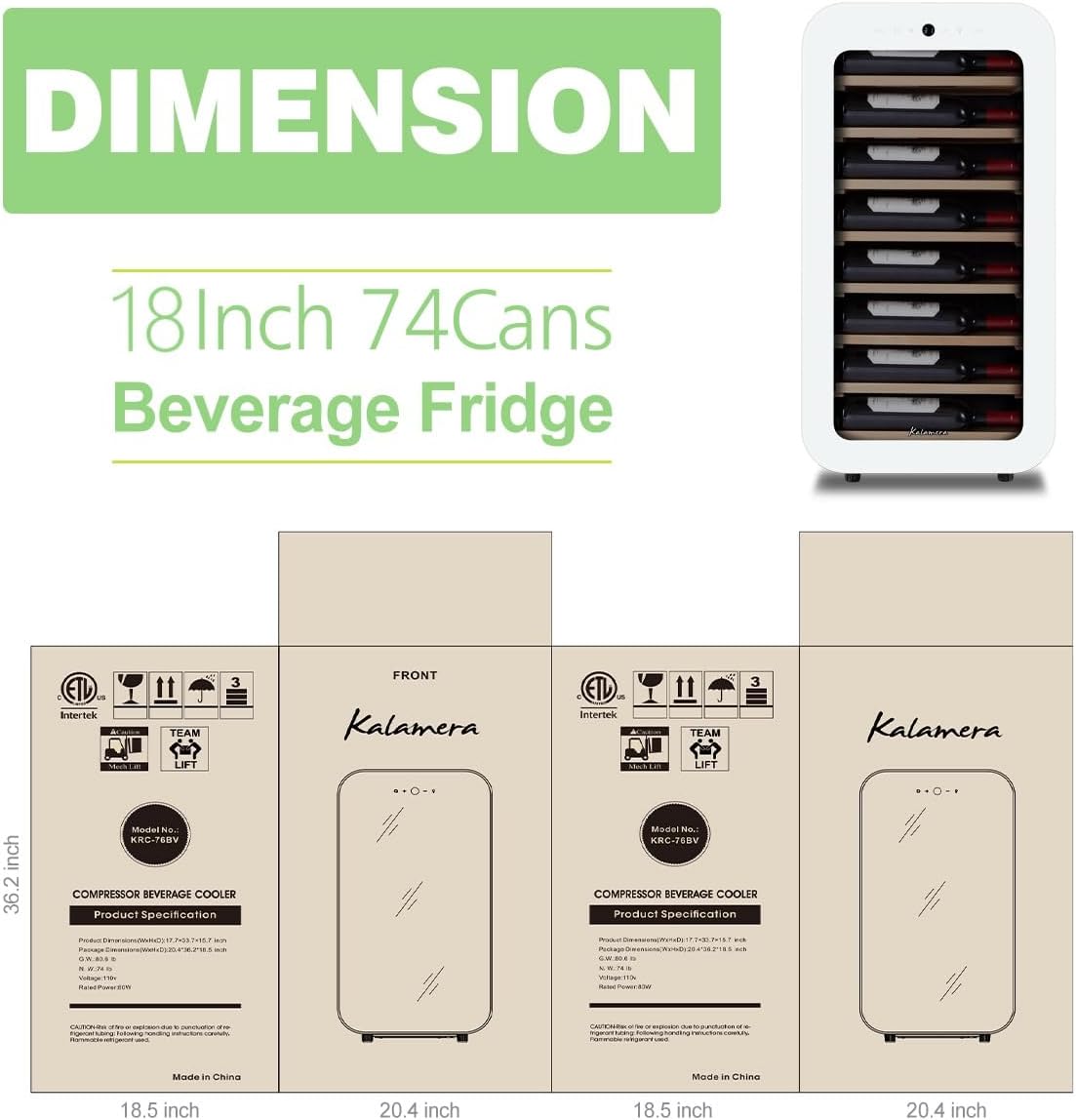 Kalamera 24 inch Wine Cooler, 46 Bottle - Dual Zone Built-in or Freestanding Fridge with Stainless Steel Reversible Glass Door, for Home, Kitchen, or Office.