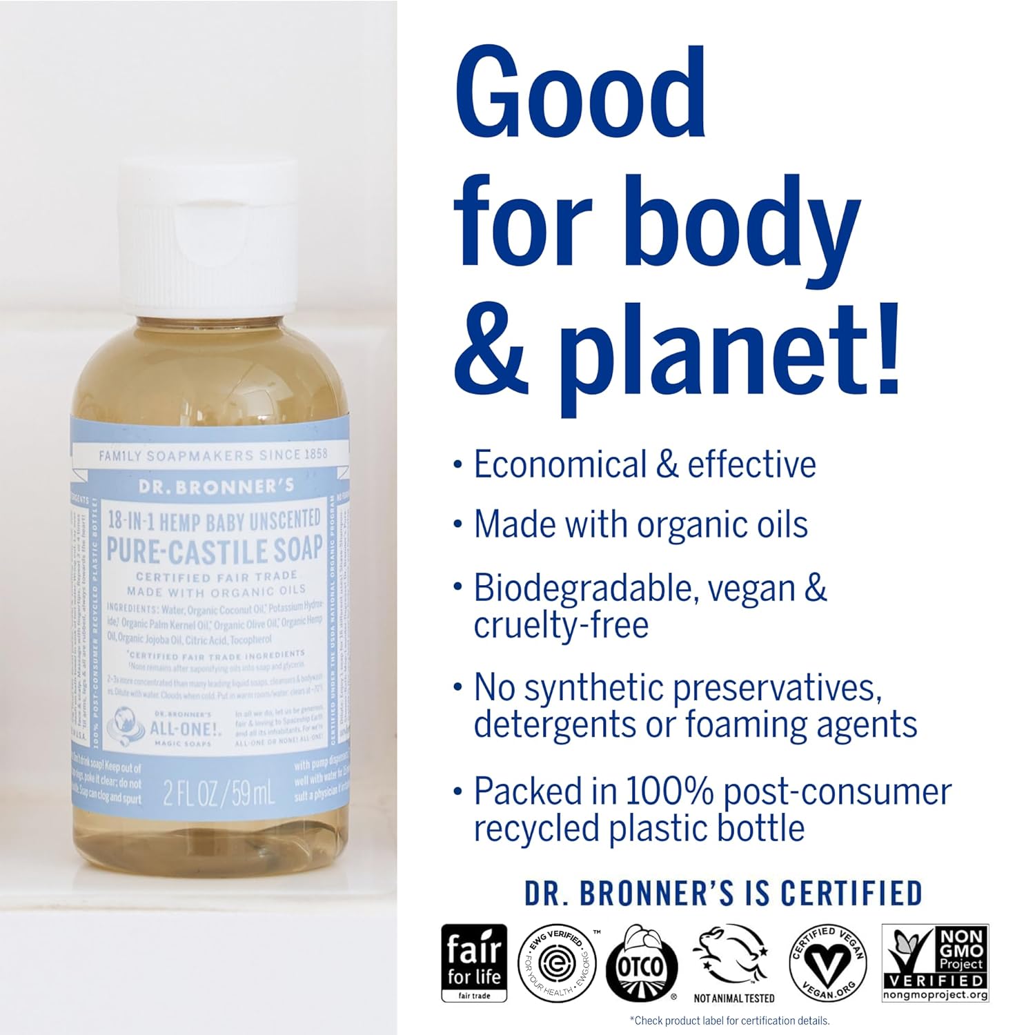 Dr. Bronner's - Pure-Castile Liquid Soap (Baby Unscented, 8 Ounce) - Made with Organic Oils, 18-in-1 Uses: Face, Hair, Laundry, Dishes, For Sensitive Skin, Babies, No Added Fragrance, Vegan, Non-GMO