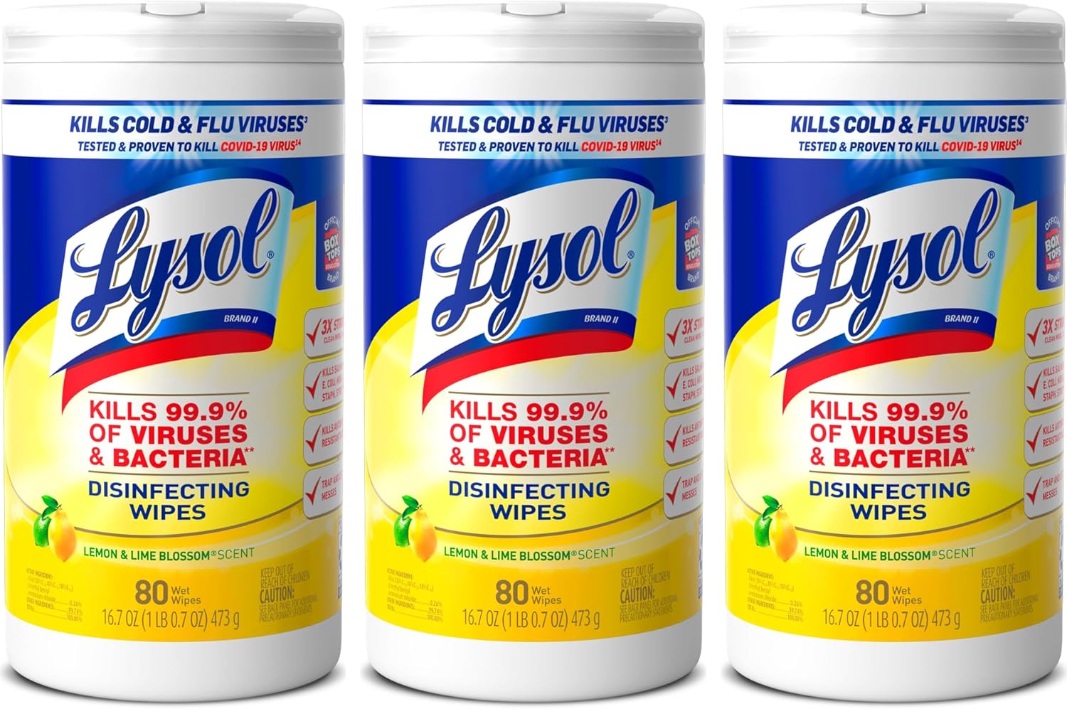 Lysol Disinfectant Wipes, Multi-Surface Antibacterial Cleaning Wipes, For Disinfecting and Cleaning, Lemon and Lime Blossom, 80 Count (Pack of 3)