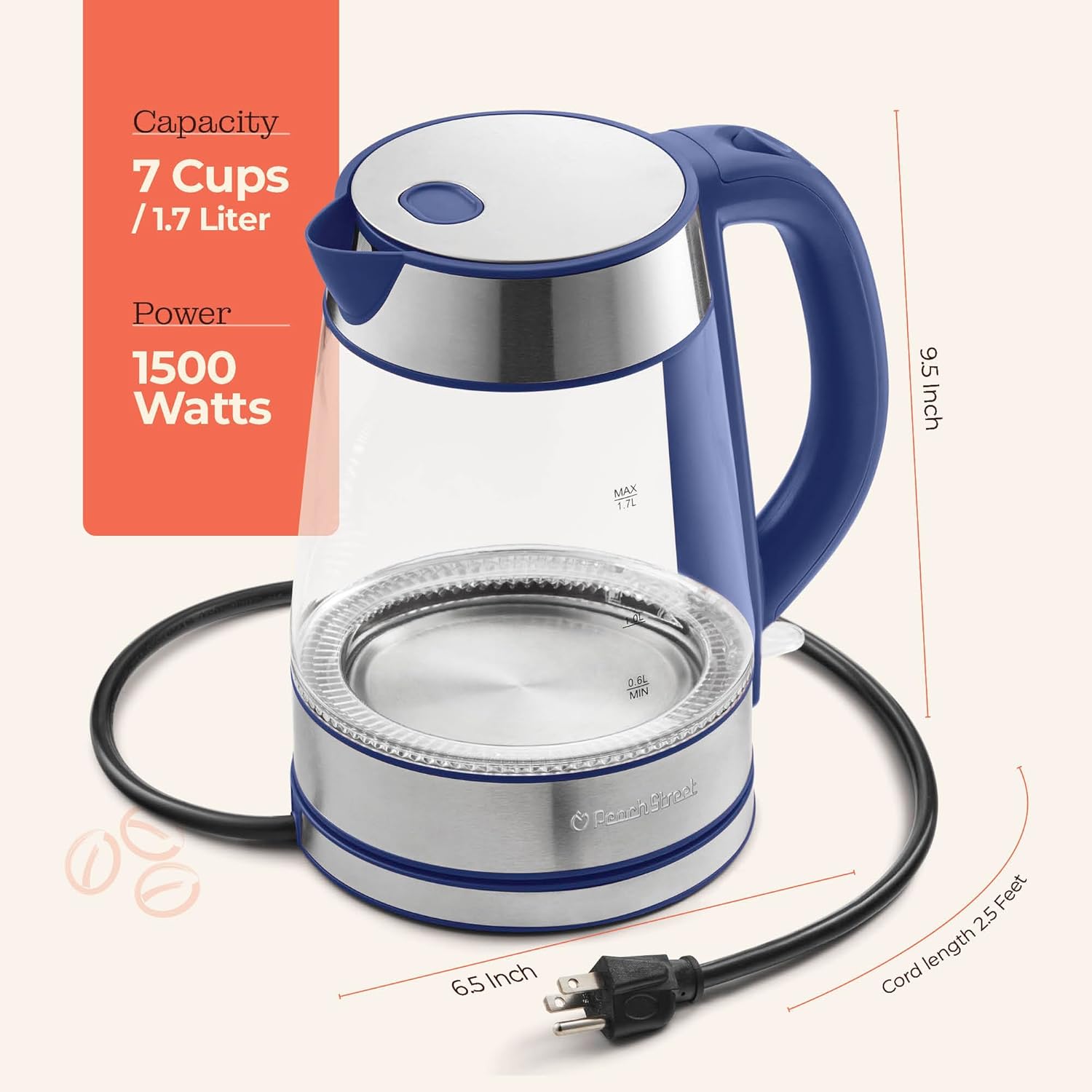 Speed-Boil Electric Kettle For Coffee & Tea - 1.7L Water Boiler 1500W, Borosilicate Glass, Easy Clean Wide Opening, Auto Shut-Off, Cool Touch Handle, LED Light. 360° Rotation, Boil Dry Protection