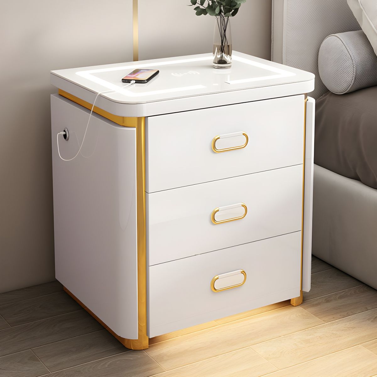 Modern Wood Nightstand with Glass Top and Drawers