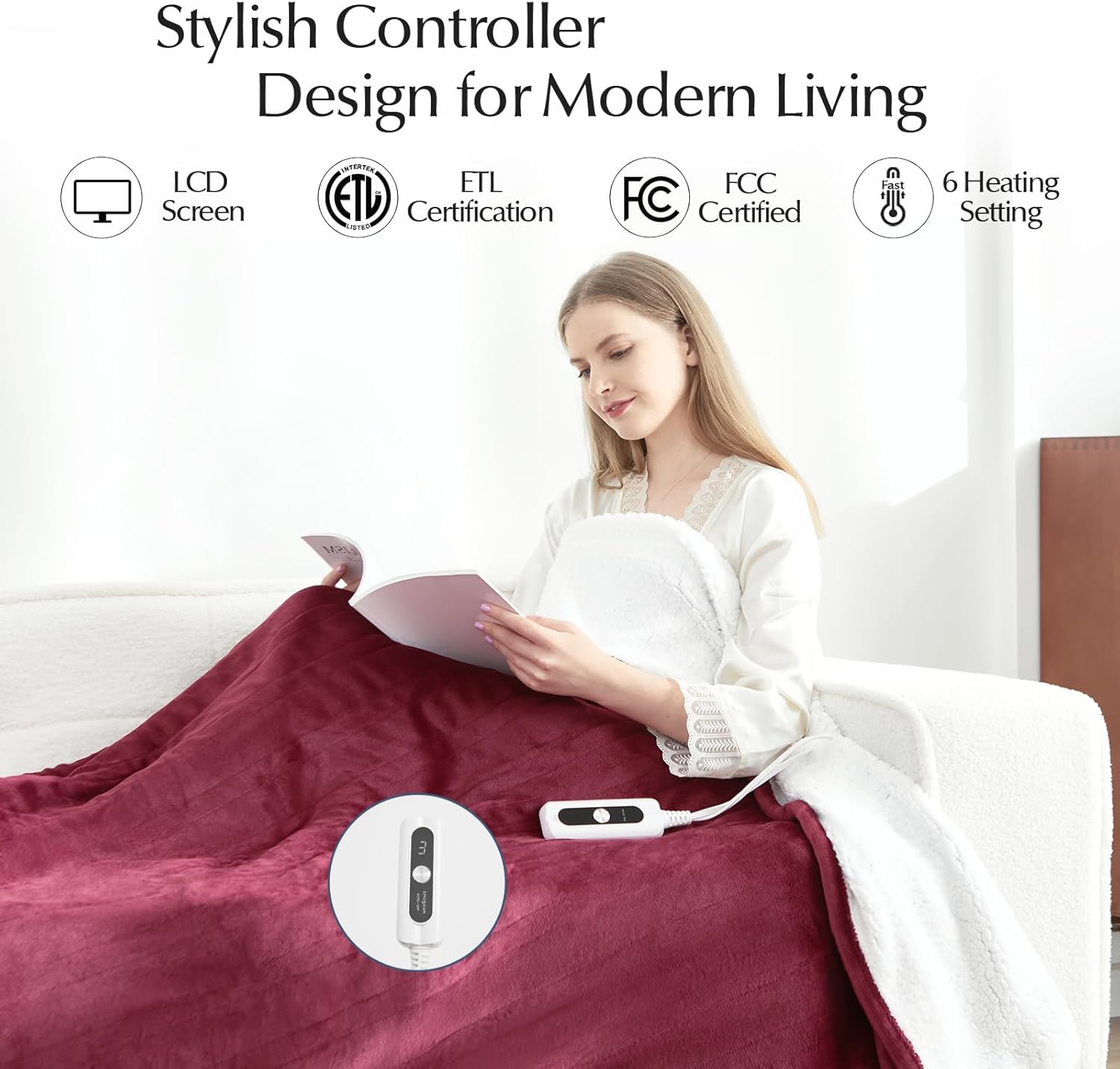 Heated Blanket Throw Size, Soft and Cozy Electric Heating Blanket for Bed, Automatic Safety System 6 Heating Levels & 4 Hours Auto-Off, 50