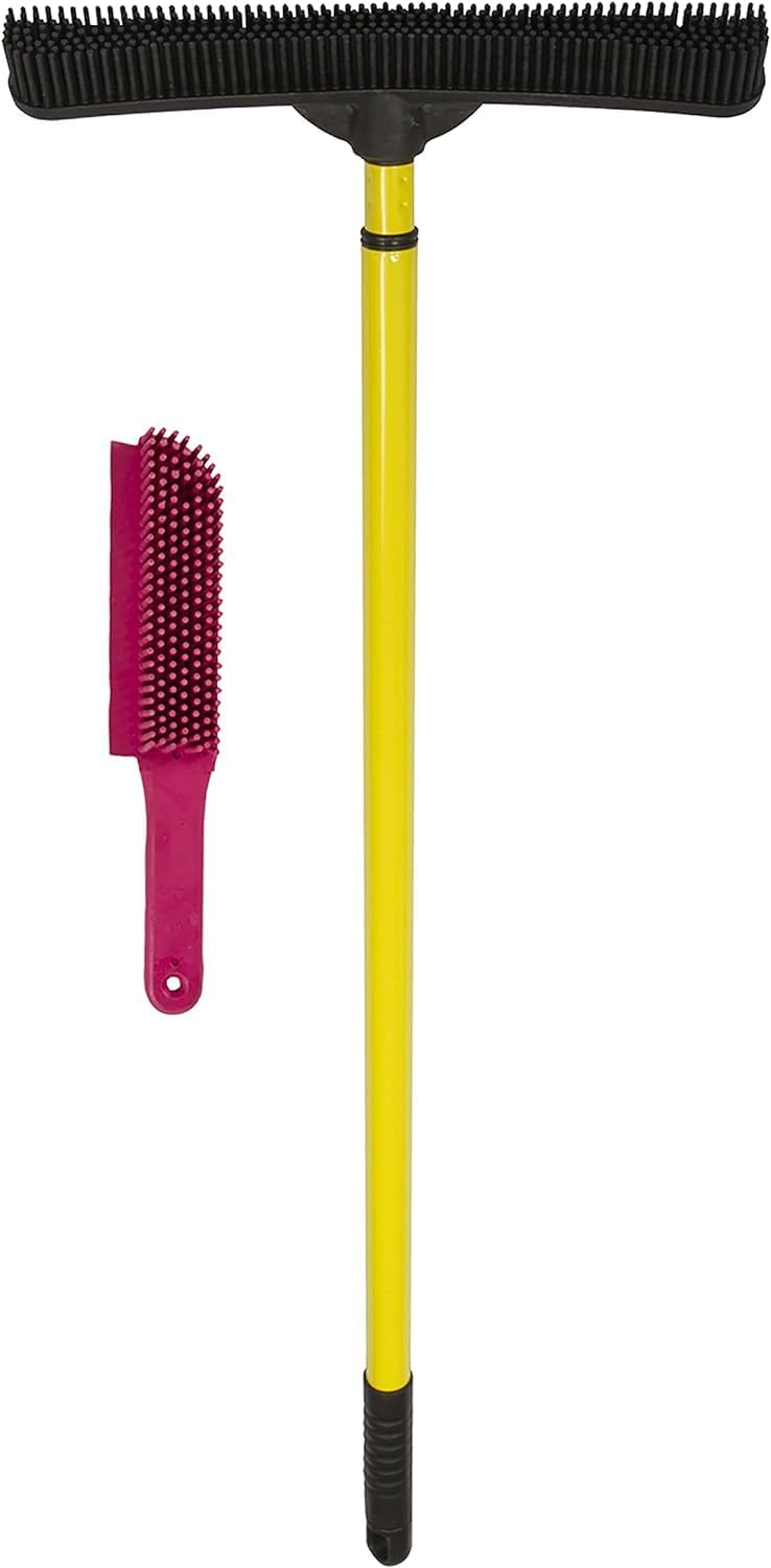FURemover Original Indoor Pet Hair Rubber Broom with Carpet Rake and Squeegee, Black and Yellow