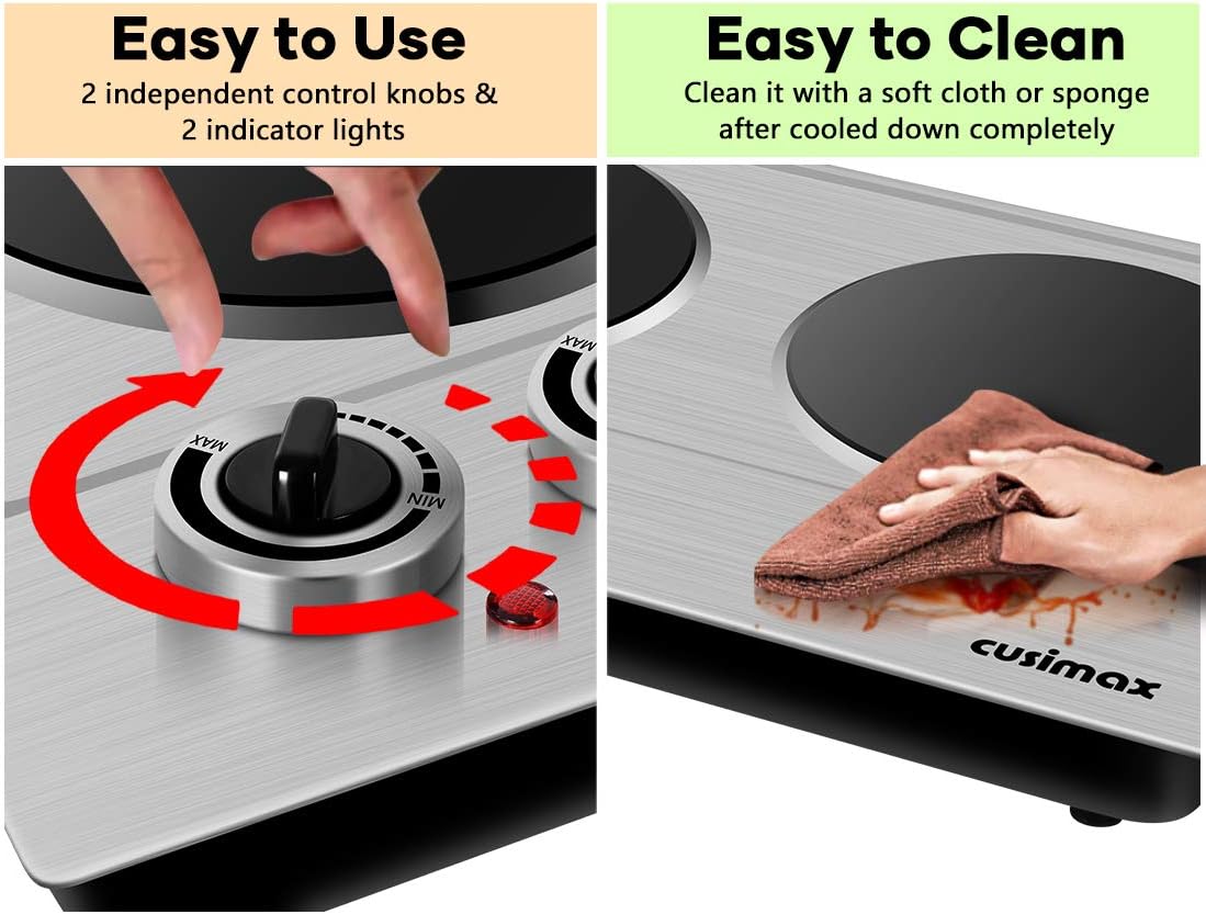 CUSIMAX Electric Hot Plate for Cooking Portable Single Burner 1500W Cast Iron hot plates Heat-up in Seconds Adjustable Temperature Control Stainless Steel Non-Slip Rubber Feet Upgraded Version B101