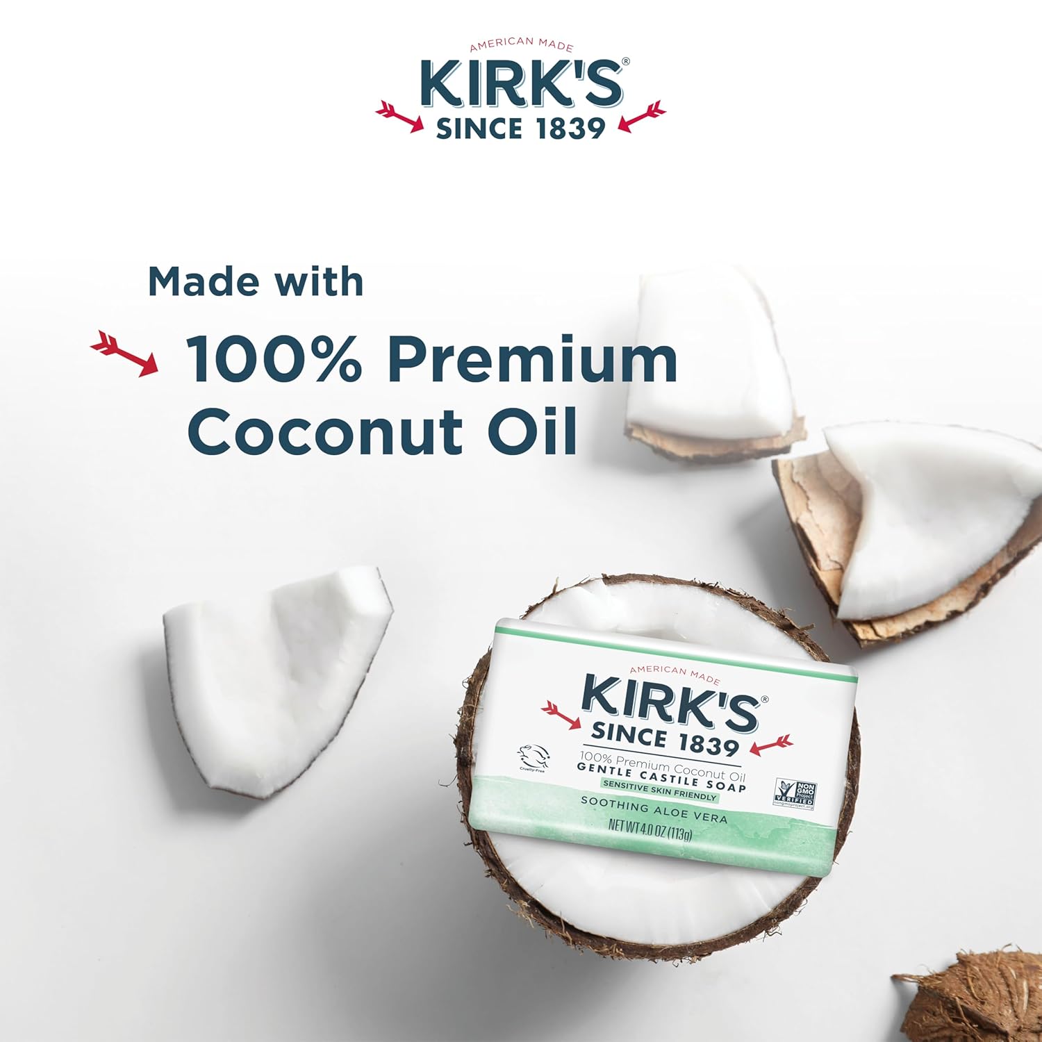 Kirk's Castile Bar Soap for Men, Women & Children - Made With Premium Coconut Oil, Sensitive Skin Formula, Vegan, Non GMO, Original Fresh Scent, 4 oz. Bars, 6 Pack