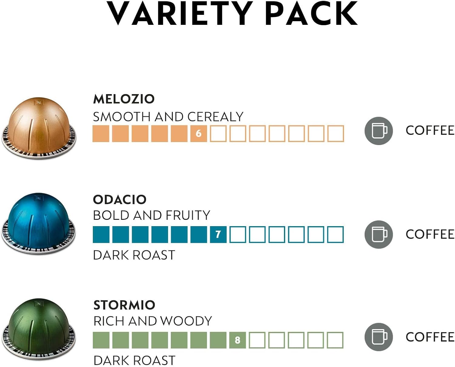 Nespresso Capsules Vertuo, Variety Pack, Medium and Dark Roast Coffee, 30 Count Coffee Pods, Brews 7.8 oz.