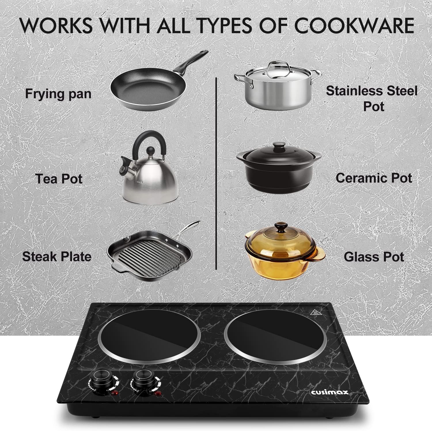 CUSIMAX 1800W Ceramic Electric Hot Plate for Cooking, Dual Control Infrared Cooktop, Double Burner, Portable Countertop Burner, Glass Plate Electric Cooktop, Silver, Stainless Steel-Upgraded Version