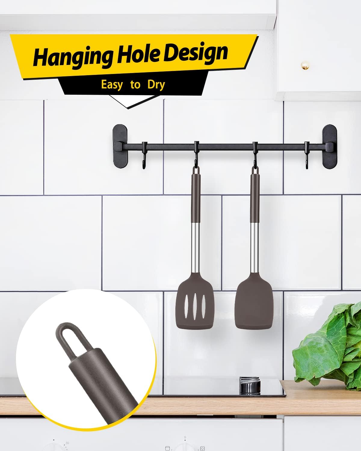 Pack of 2 Silicone Solid Turner,Non Stick Slotted Kitchen Spatulas,High Heat Resistant BPA Free Cooking Utensils,Ideal Cookware for Fish,Eggs,Pancakes (Black)