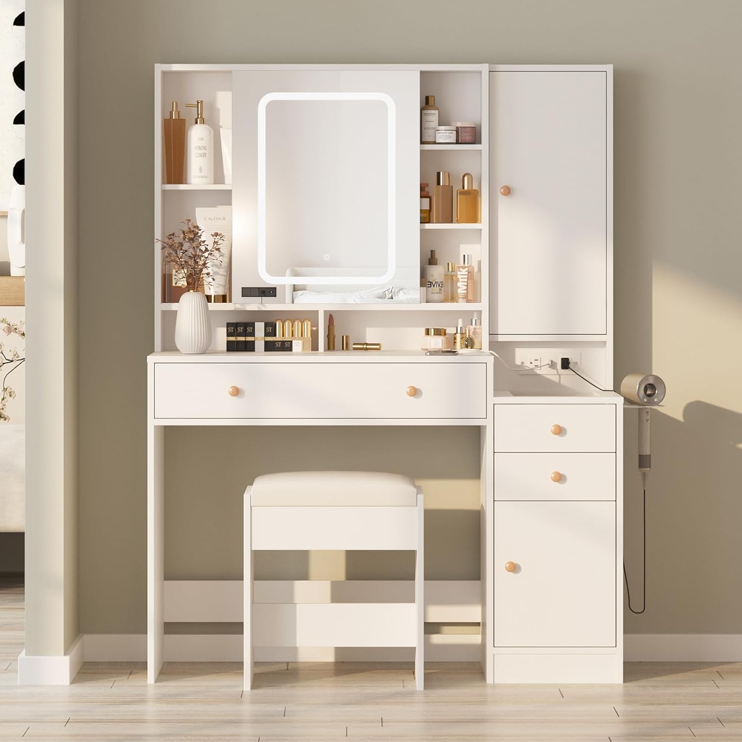 Vanity Desk with Mirror and Lights, Glass Top Vanity Table Makeup Vanity with Lights and Charging Station & Sliding Door, Glass Top Vanity with 3 Drawers and Jewelry Cabinet, 42.8inch