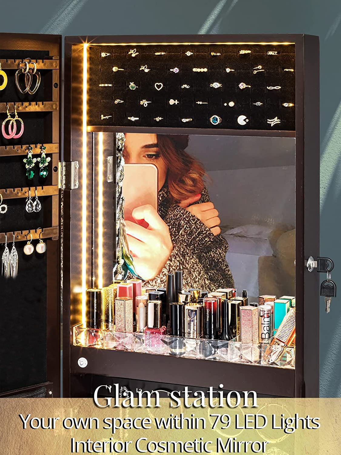 Stella 6 Standing Jewelry Armoire Full Length Mirror With Built-in Lights - Espresso