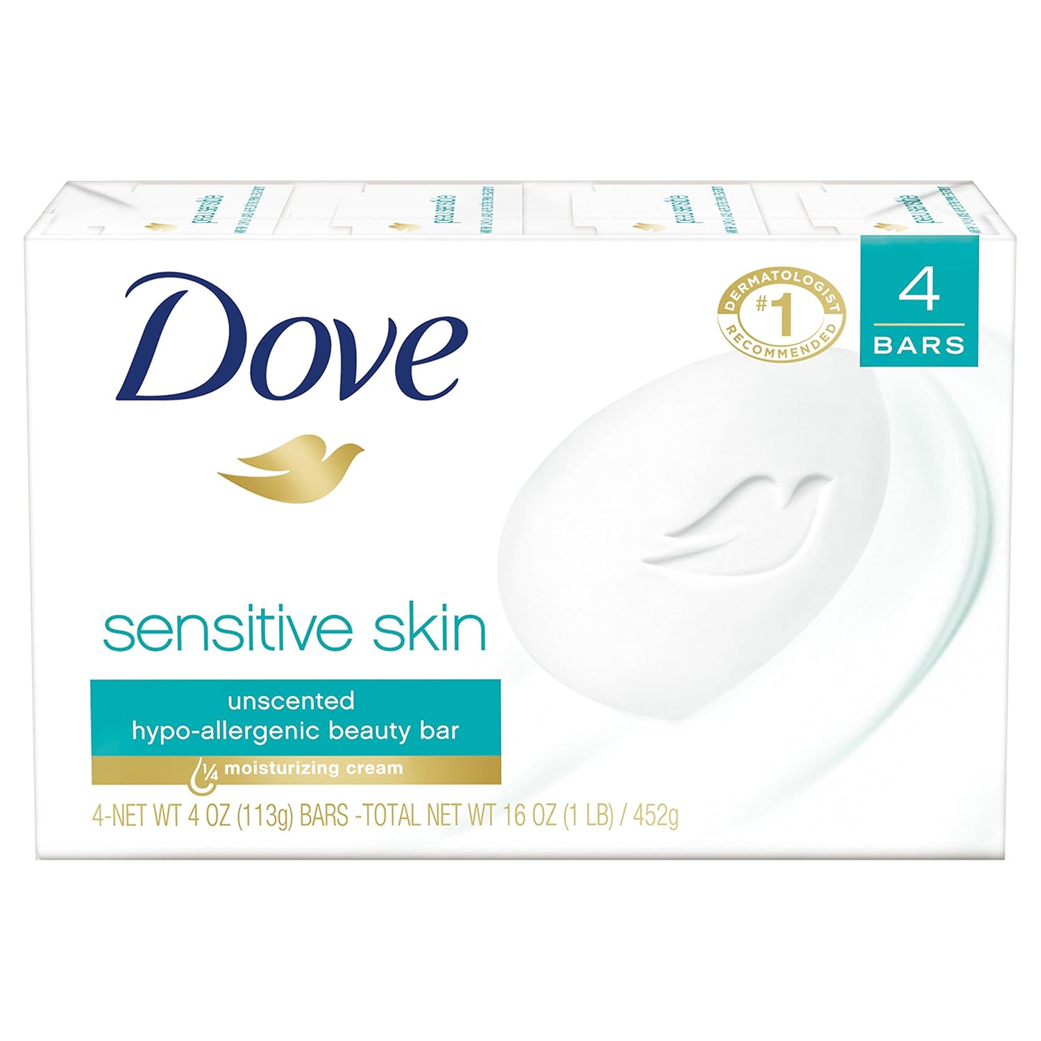 Dove Beauty Bar More Moisturizing Than Bar Soap for Softer Skin, Fragrance-Free, Hypoallergenic Beauty Bar Sensitive Skin With Gentle Cleanser 3.75 oz 14 Bars