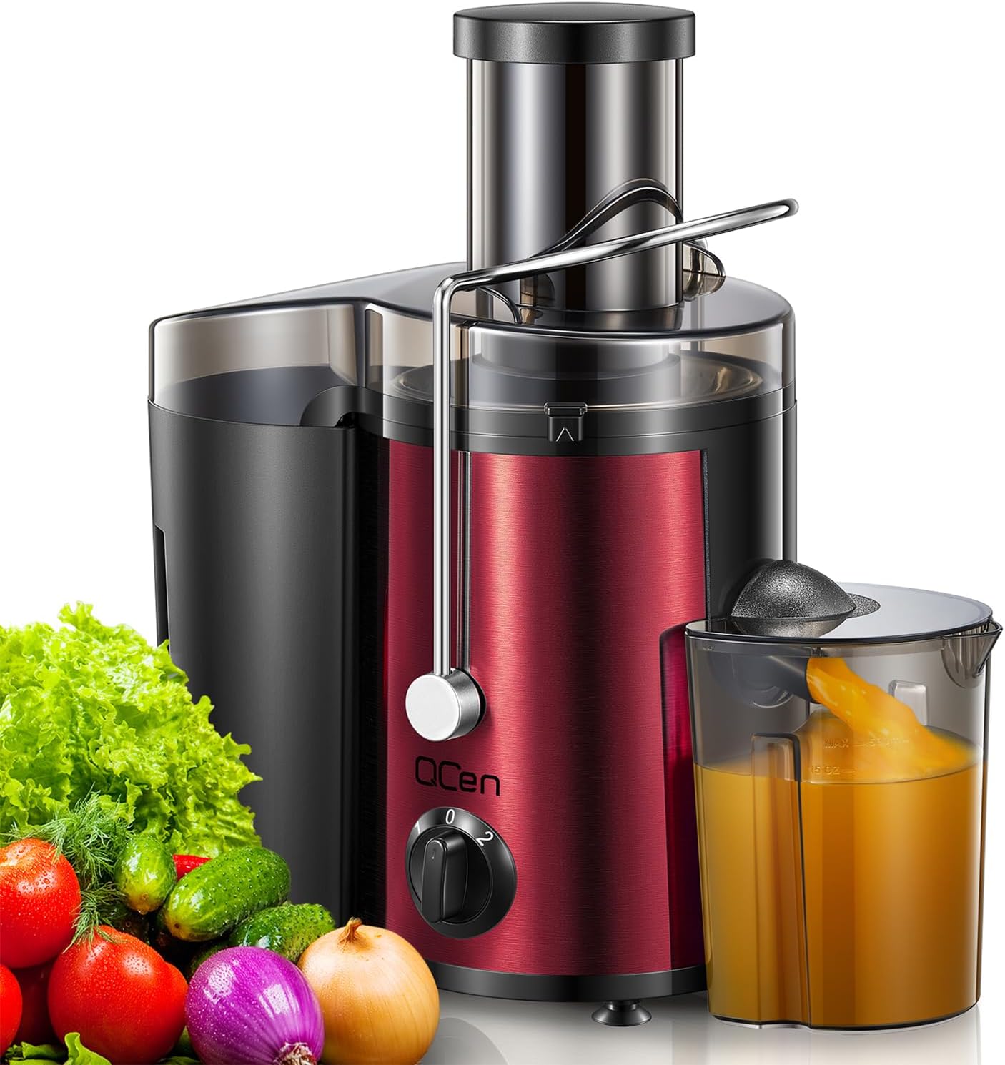 Qcen Juicer Machine, 800W Centrifugal Juicer Extractor with Wide Mouth 3” Feed Chute for Fruit Vegetable, Easy to Clean, Stainless Steel, BPA-free (Black)