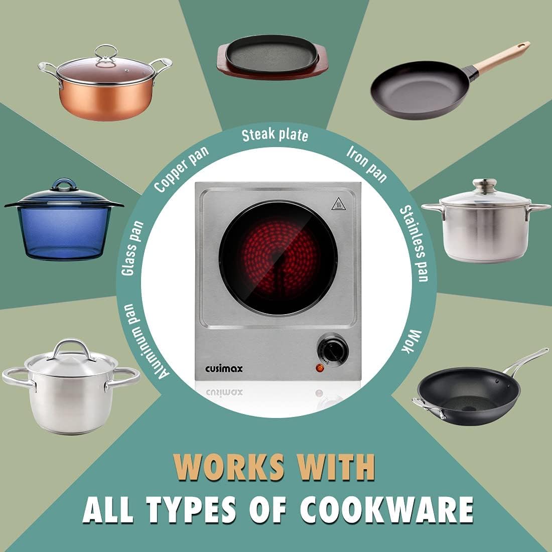 CUSIMAX 1800W Ceramic Electric Hot Plate for Cooking, Dual Control Infrared Cooktop, Double Burner, Portable Countertop Burner, Glass Plate Electric Cooktop, Silver, Stainless Steel-Upgraded Version