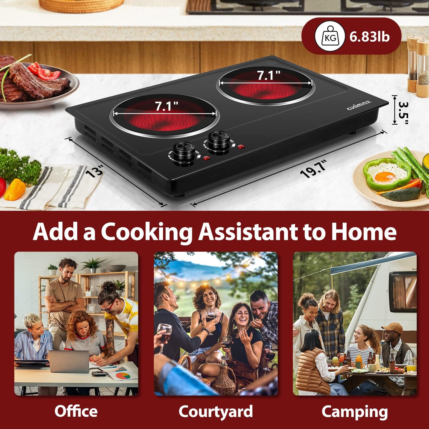 CUSIMAX 1800W Ceramic Electric Hot Plate for Cooking, Dual Control Infrared Cooktop, Double Burner, Portable Countertop Burner, Glass Plate Electric Cooktop, Silver, Stainless Steel-Upgraded Version