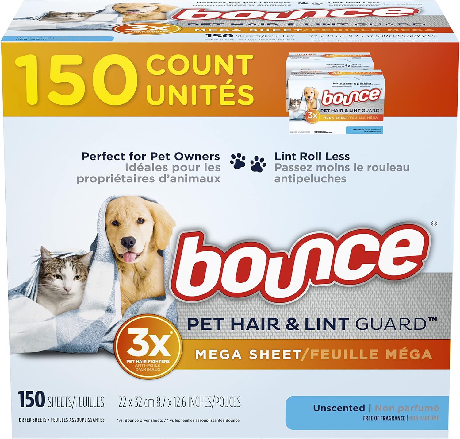 Bounce Pet Hair and Lint Guard Mega Dryer Sheets with 3X Pet Hair Fighters, Unscented, 130 Count