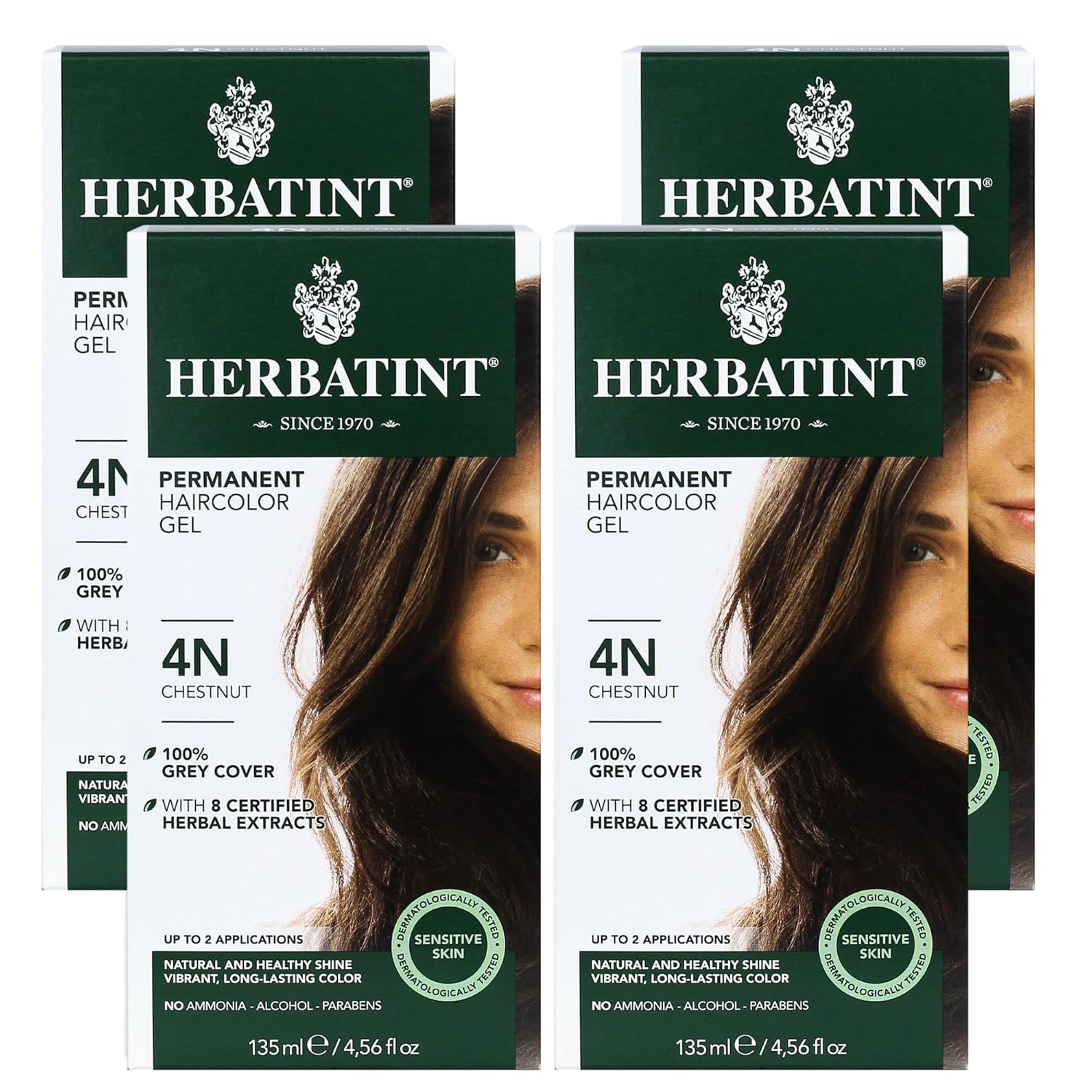 Herbatint Permanent Haircolor Gel, 4N Chestnut, Alcohol Free, Vegan, 100% Grey Coverage - 4.56 oz
