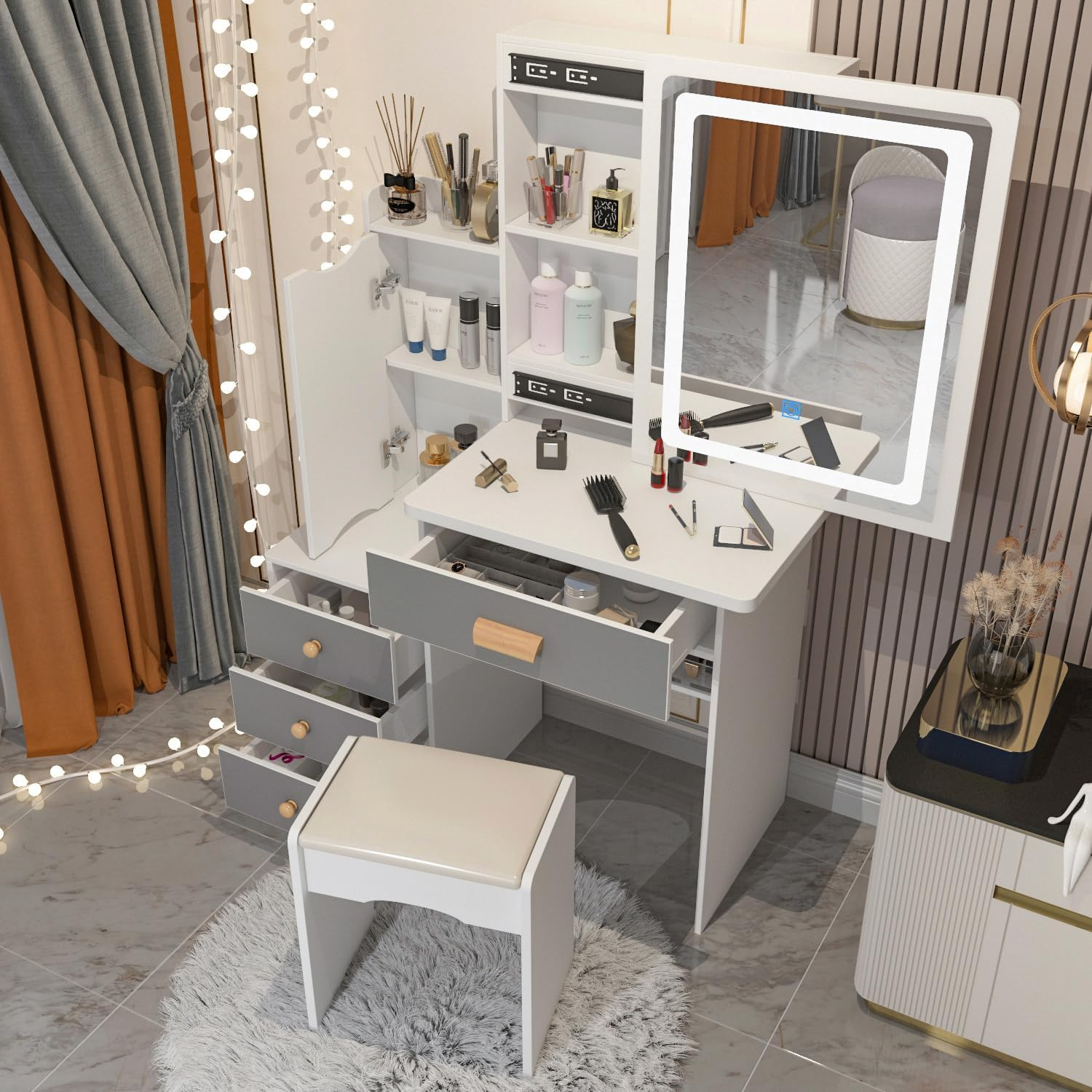 PREMTURE Dressing Table with LED Lighting, Cosmetic Table with Open Shelf and 4 Drawers, Dressing Table with Stool, Dressing Tables, Large Storage Space, MDF, 90 W x 40 D x 135 H cm