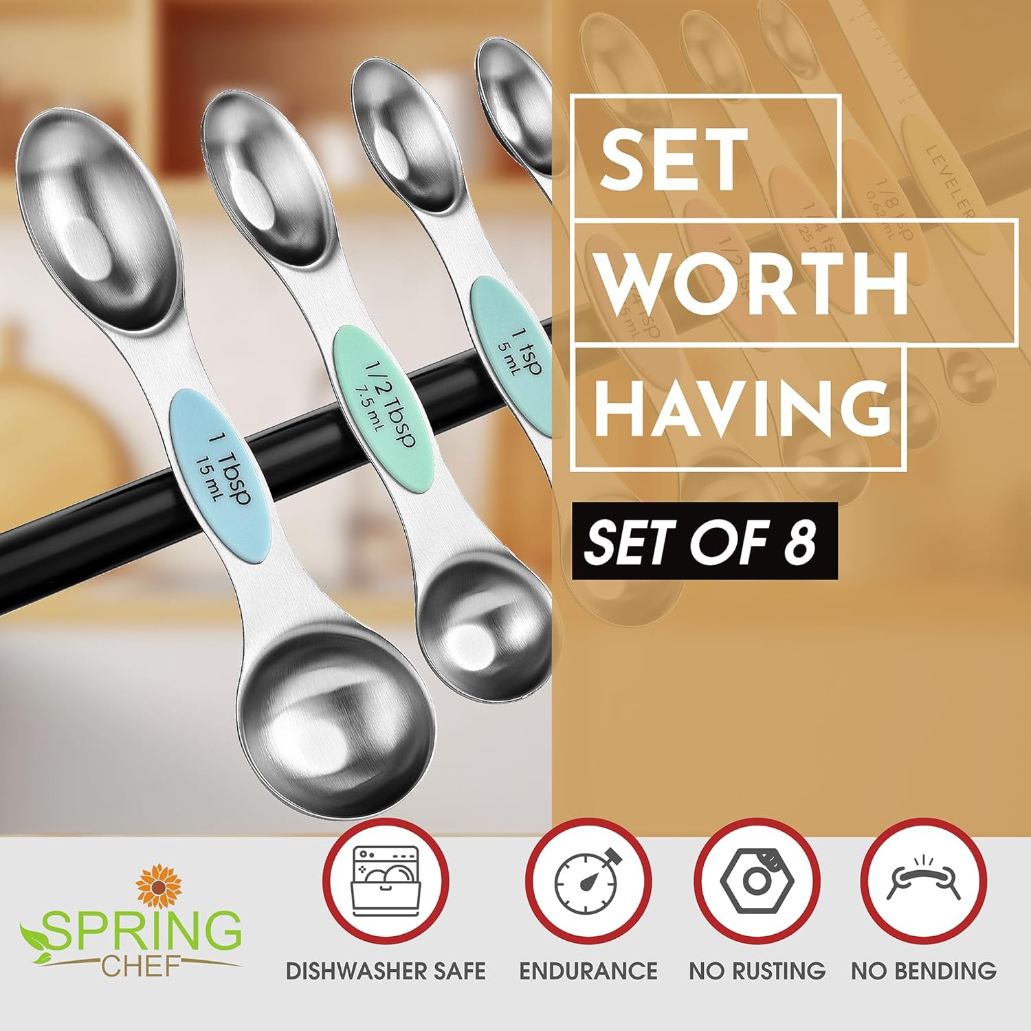 Spring Chef Magnetic Measuring Spoons Set with Strong N45 Magnets, Heavy Duty Stainless Steel Metal, Fits in Most Kitchen Spice Jars for Baking & Cooking, BPA Free, Black, Set of 8 with Leveler