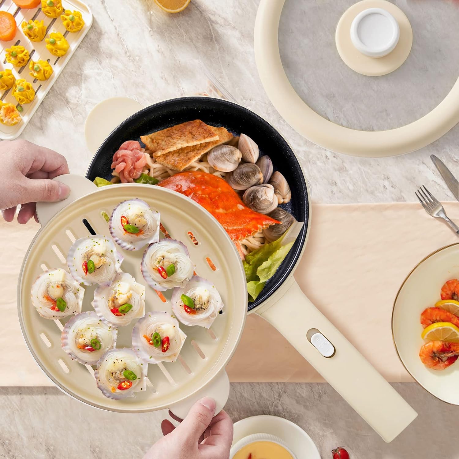 Dezin Electric Cooker, 2L Non-Stick Sauté Pan, Rapid Noodles Cooker, Mini Pot for Ramen with Power Adjustment, Dorm Room Essential (Egg Rack Included)