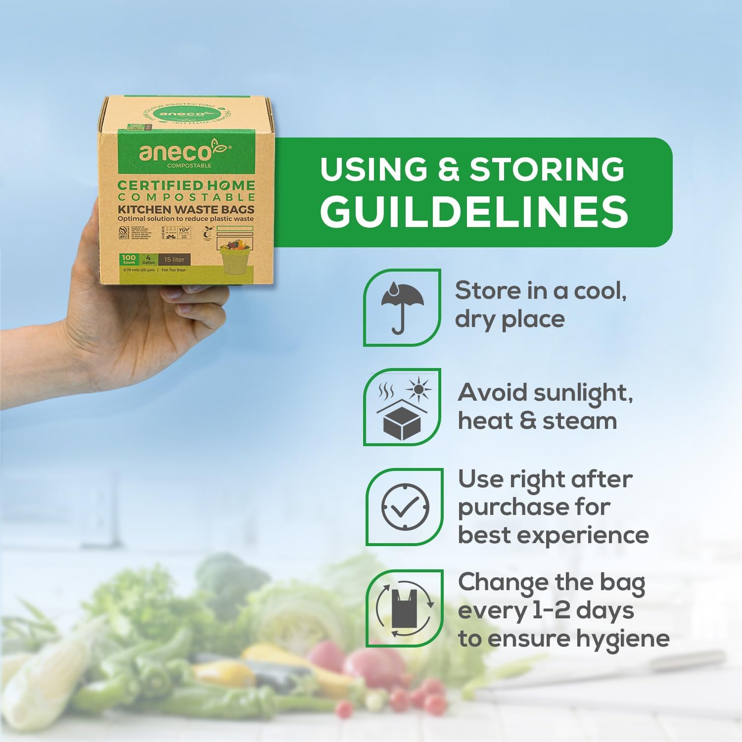 ANECO 100% Compostable Waste Bags 2.6 Gallon, Extra Thick Kitchen Small Compost Bags for Countertop Bin (100 Count)