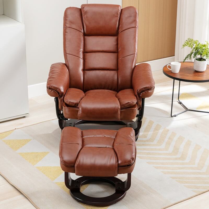 Contemporary Multi-Position Recliner and Curved Ottoman with Swivel Base