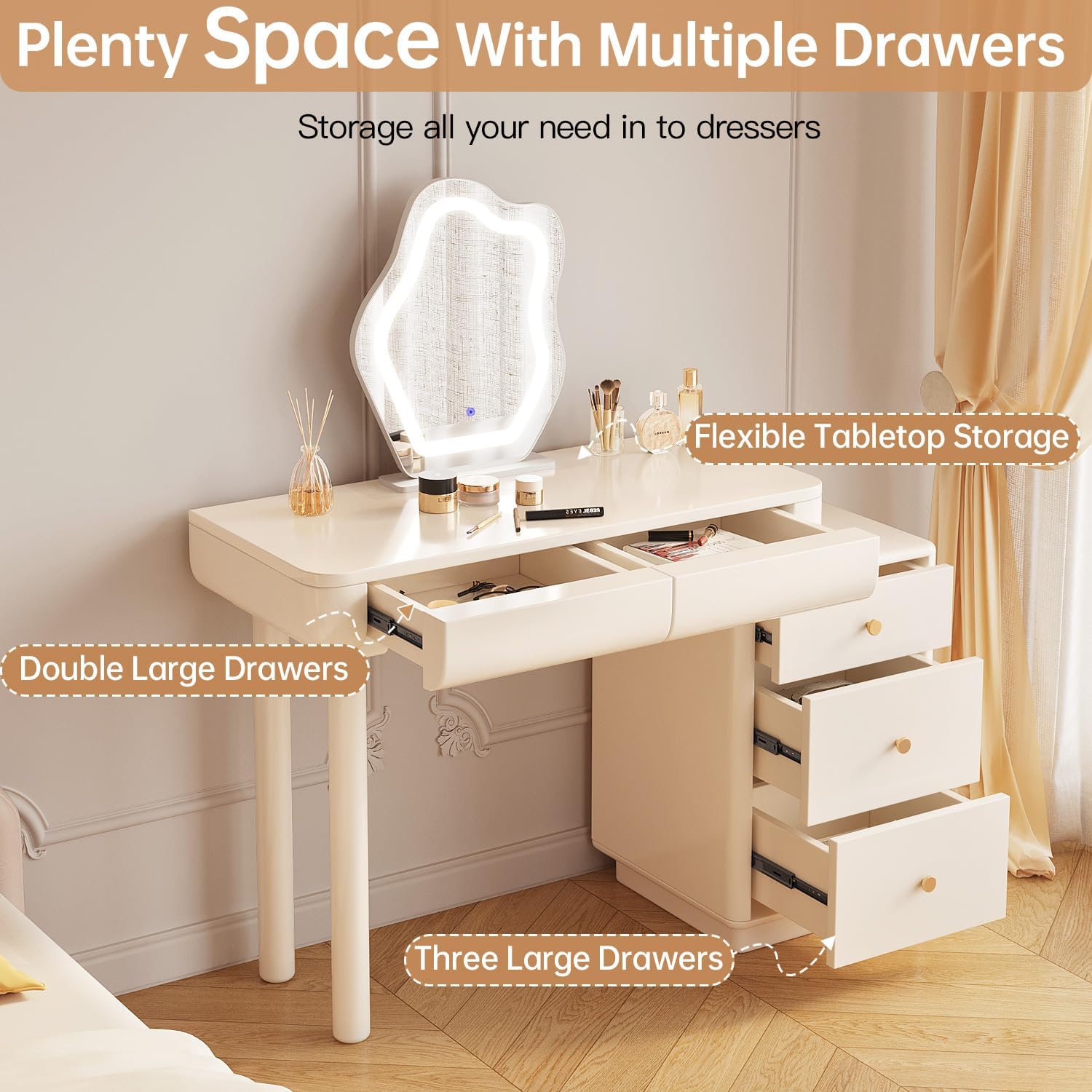 GraceNook White Makeup Vanity Desk, Vanity Desk with Lighted Mirror, 3 Lighting Modes Brightness Adjustable, Hidden Sliding Length, Bedroom White Vanity Table Set with 3 Drawers Separate Cabinets