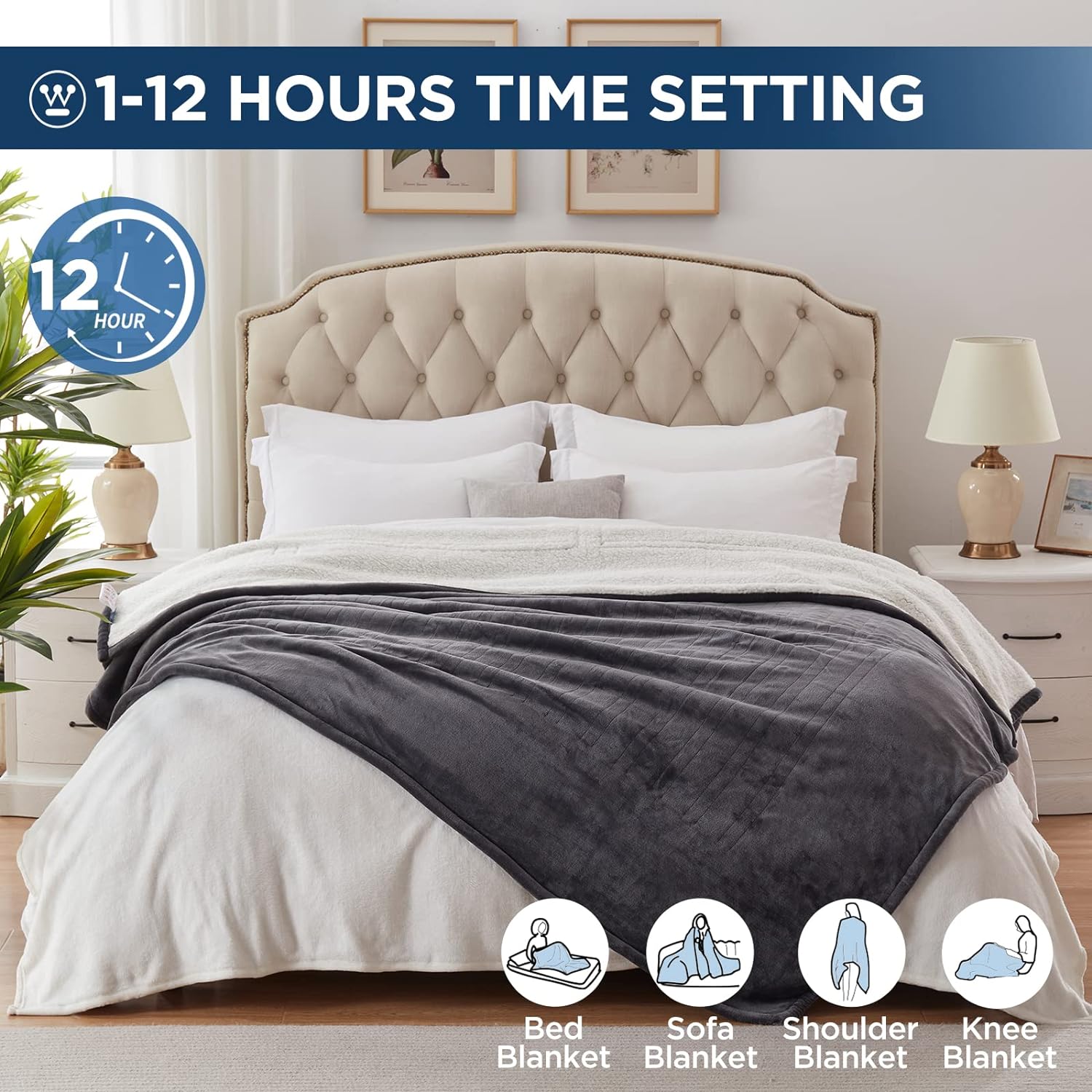 Westinghouse Heated Throw Blanket, Electric Blanket Throw with 6 Heating Levels and 2-10 Hours Time Settings, Flannel to Sherpa Super Cozy Heated Blanket Machine Washable, 50x60 inch, Charcoal