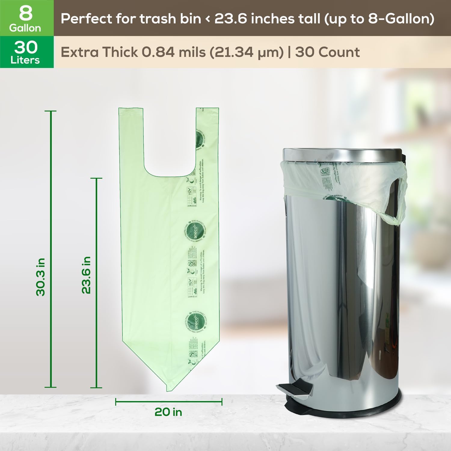 ANECO 100% Compostable Waste Bags 2.6 Gallon, Extra Thick Kitchen Small Compost Bags for Countertop Bin (100 Count)