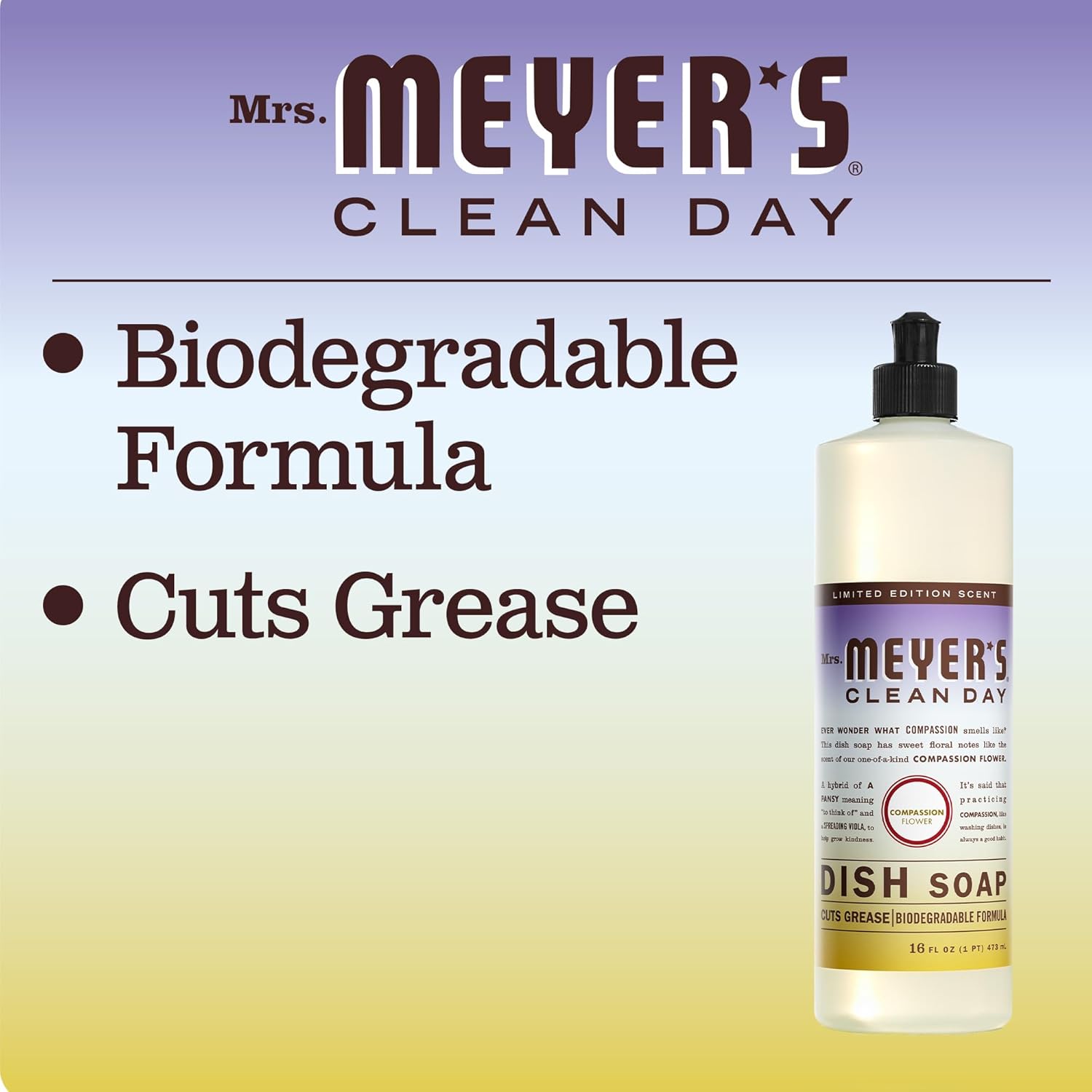 MRS. MEYER'S CLEAN DAY Liquid Dish Soap, Biodegradable Formula, Basil, 16 fl. oz - Pack of 3