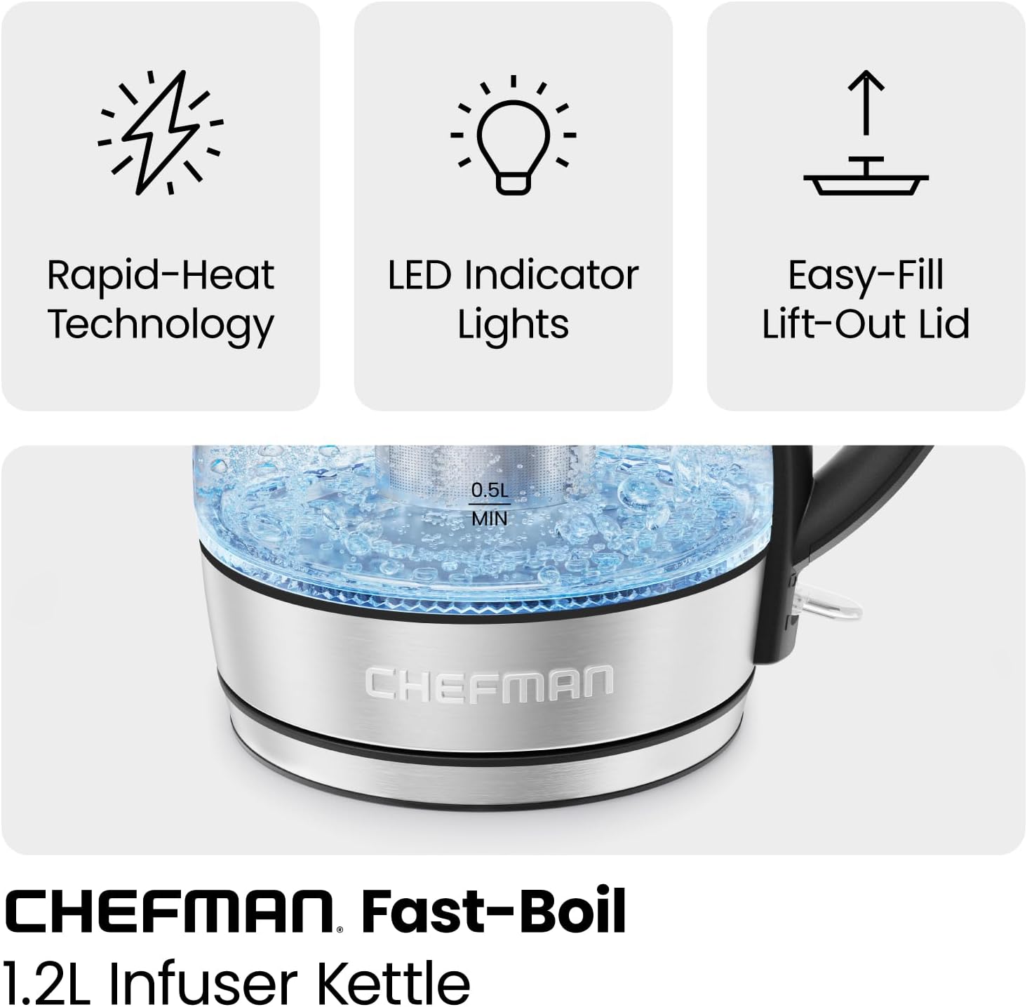 Chefman Electric Kettle with Temperature Control, 5 Presets LED Indicator Lights, Removable Tea Infuser, Glass Tea Kettle & Hot Water Boiler, 360° Swivel Base, BPA Free, Stainless Steel, 1.8 Liters