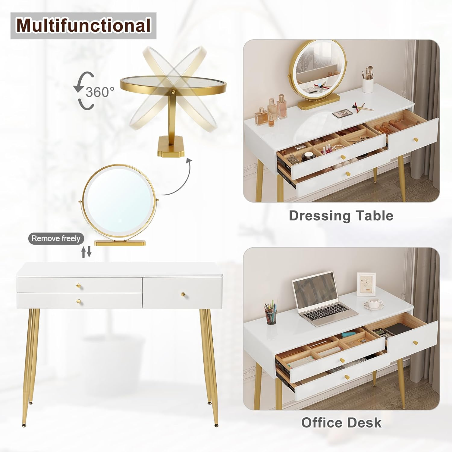 WOLTU MB6105ws Dressing Table with Lighting and Chair, 3 Colours with Adjustable Brightness, Dressing Table with 3 Solid Wood Drawers, Large Table Top 100 x 40 cm, White + Gold