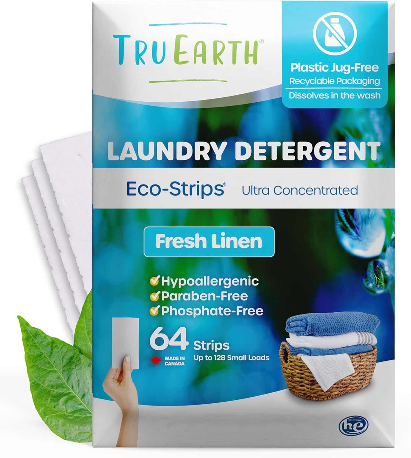 Tru Earth Compact Dry Laundry Detergent Sheets - Up to 64 Loads (32 Sheets) - Paraben-Free - Original Eco-Strip Liquidless Laundry Detergent, Travel Laundry Sheets - Fresh Linen