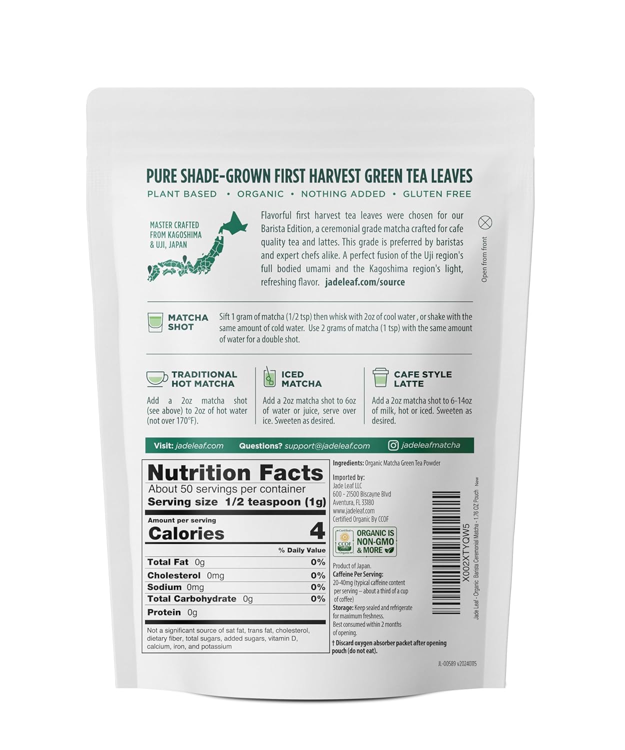 Jade Leaf Matcha Organic Green Tea Powder - Culinary Grade Premium Second Harvest - Authentic Japanese Origin (1.06 Ounce Pouch)