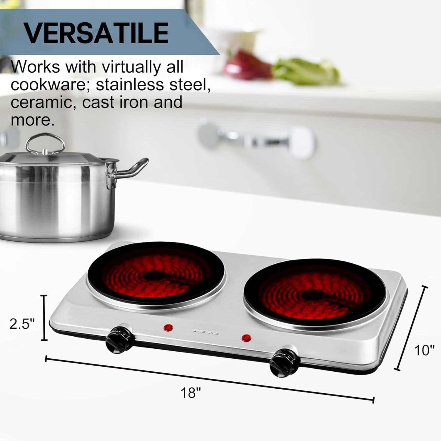 OVENTE Countertop Infrared Single Burner, 1000W Electric Hot Plate with 7” Ceramic Glass Cooktop, 5 Level Temperature Setting & Easy to Clean Base, Compact Stove for Home Dorm Office, Silver BGI101S