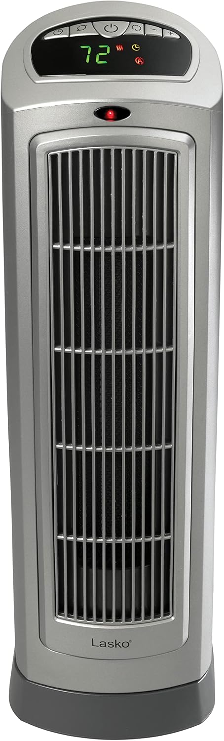 Lasko Oscillating Digital Ceramic Tower Heater for Home with Adjustable Thermostat, Timer and Remote Control, 23 Inches, 1500W, Silver, 755320, 8.5″L x 7.25″W x 23″H, Silver