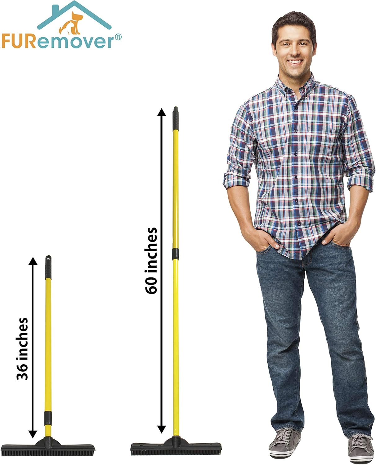 FURemover Original Indoor Pet Hair Rubber Broom with Carpet Rake and Squeegee, Black and Yellow