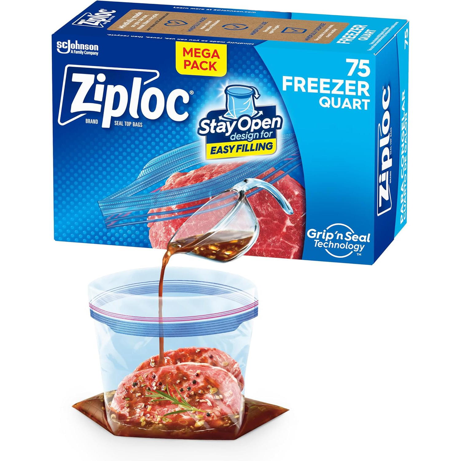 Ziploc Quart Food Storage Freezer Bags, Stay Open Design with Stand-Up Bottom, Easy to Fill, 75 Count