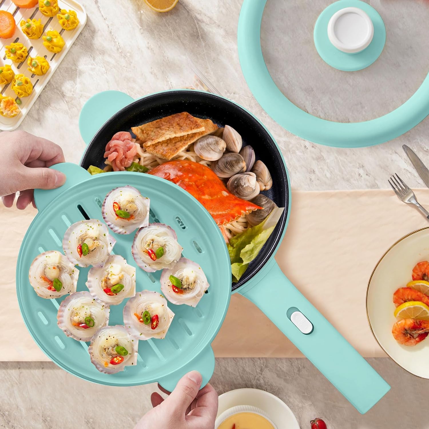 Dezin Electric Cooker, 2L Non-Stick Sauté Pan, Rapid Noodles Cooker, Mini Pot for Ramen with Power Adjustment, Dorm Room Essential (Egg Rack Included)