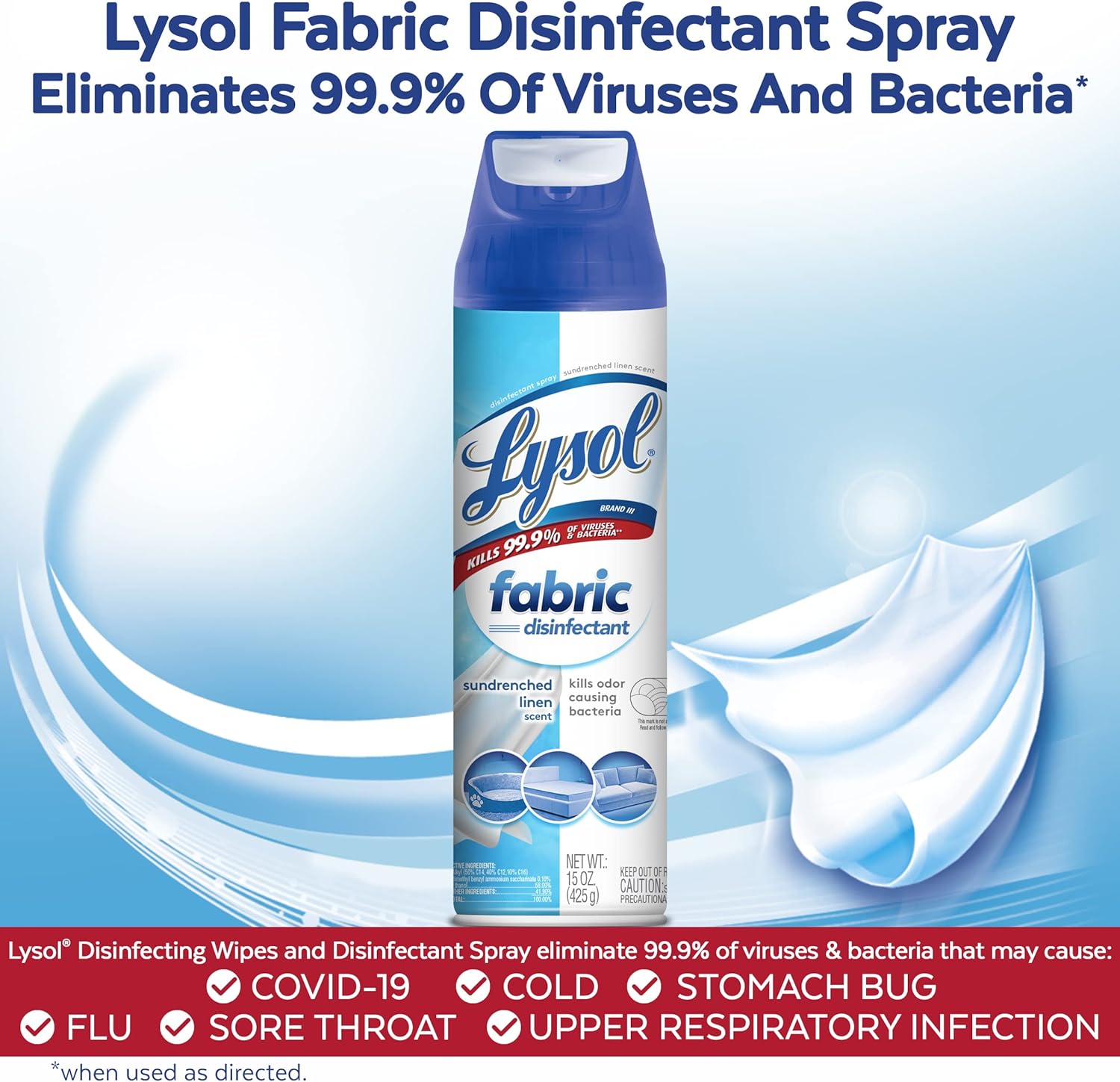Lysol Fabric Disinfectant Spray, Sanitizing and Antibacterial Spray, For Disinfecting and Deodorizing Soft Furnishings, Lavender Fields 15 Fl. Oz (Pack of 3)