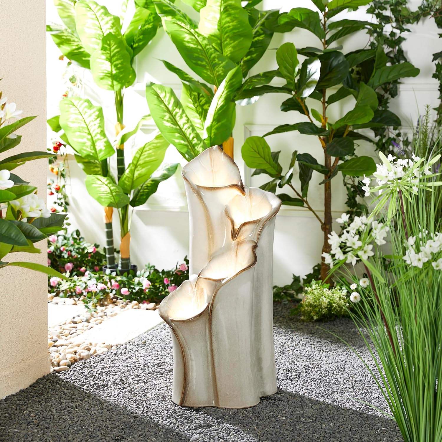 Outdoor Water Fountain with LED Lights and Pump, 4 Tier Dandelion Texture Vase Shaped Ceramic Floor Standing Fountain with Birds for Porch Deck Garden Patio Backyard, Turquoise