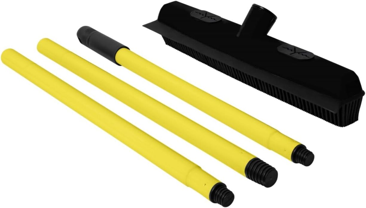 FURemover Original Indoor Pet Hair Rubber Broom with Carpet Rake and Squeegee, Black and Yellow