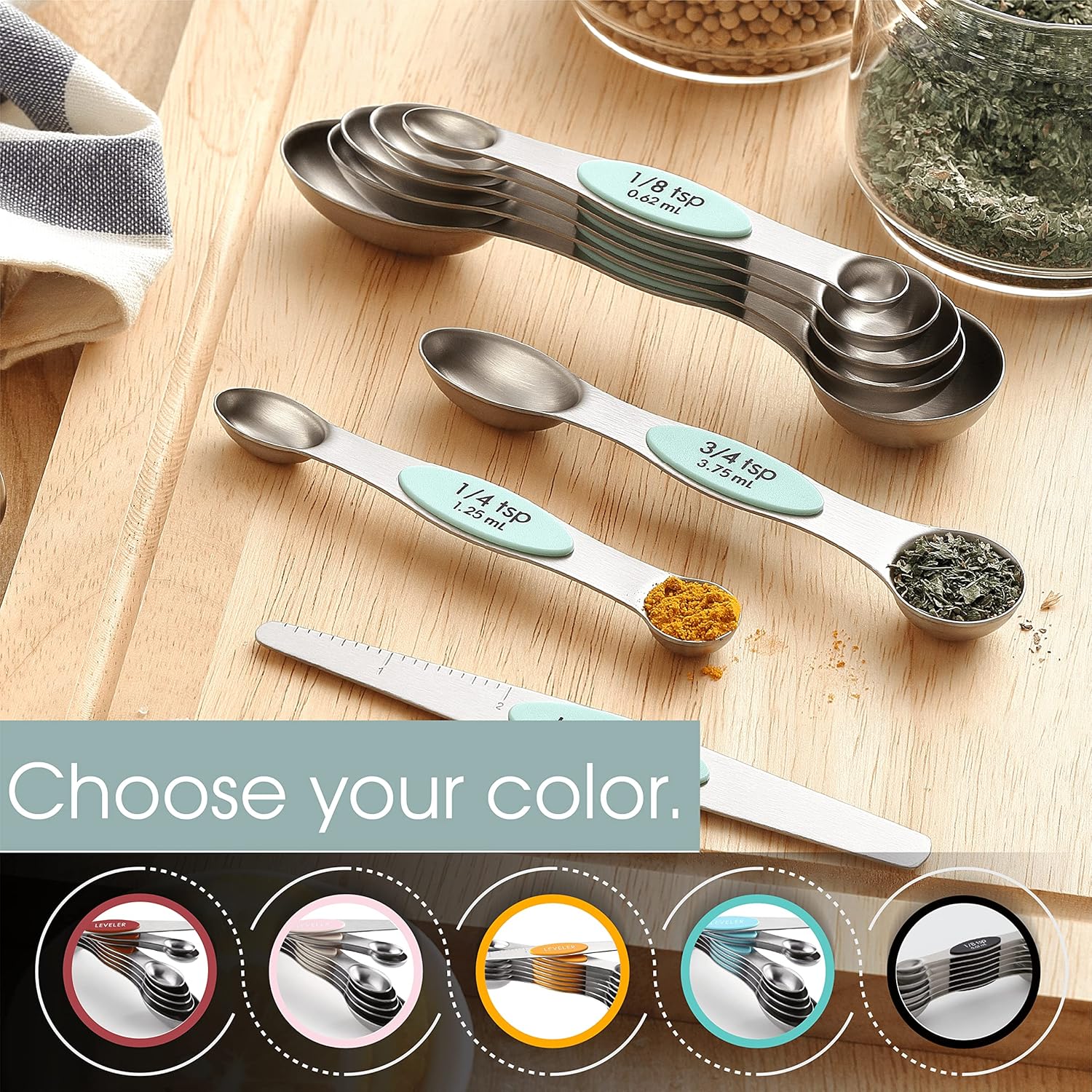 Spring Chef Magnetic Measuring Spoons Set with Strong N45 Magnets, Heavy Duty Stainless Steel Metal, Fits in Most Kitchen Spice Jars for Baking & Cooking, BPA Free, Black, Set of 8 with Leveler