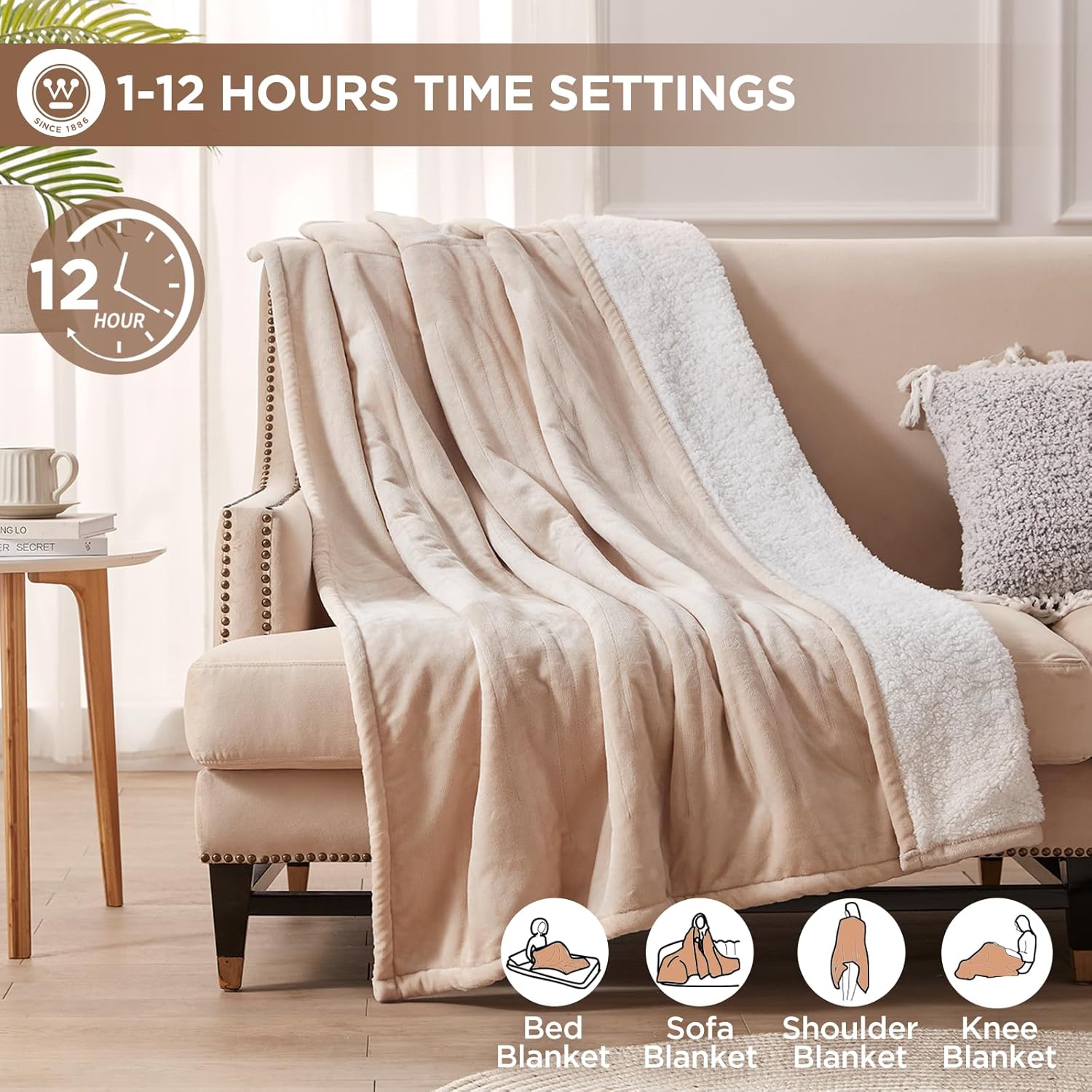 Westinghouse Heated Throw Blanket, Soft Flannel to Sherpa Electric Throw with 6 Heating Levels, 2-10 Hours Time Settings, Fast Heating, Machine Washable 50x60 Inch, Charcoal