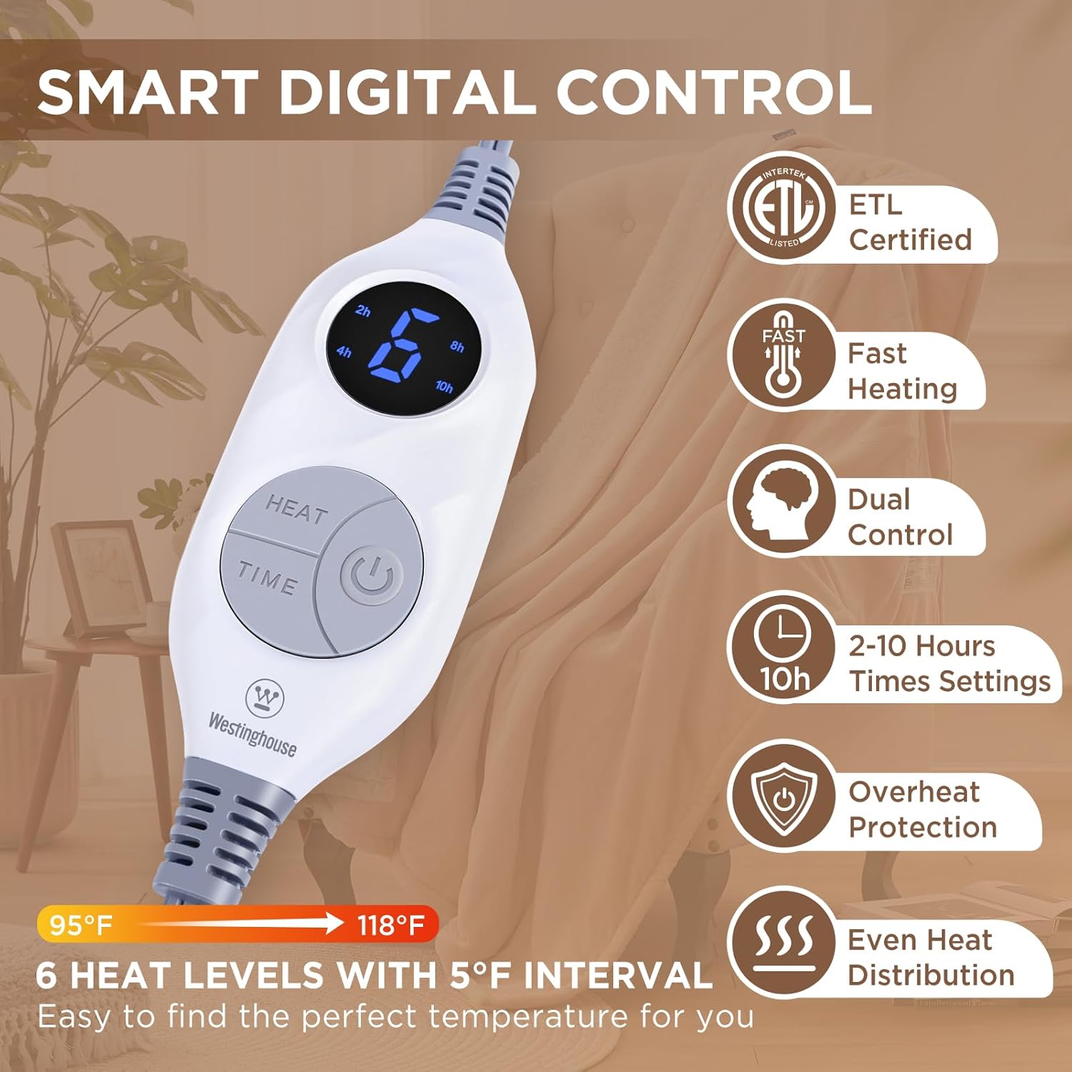 Westinghouse Heated Throw Blanket, Soft Flannel to Sherpa Electric Throw with 6 Heating Levels, 2-10 Hours Time Settings, Fast Heating, Machine Washable 50x60 Inch, Charcoal