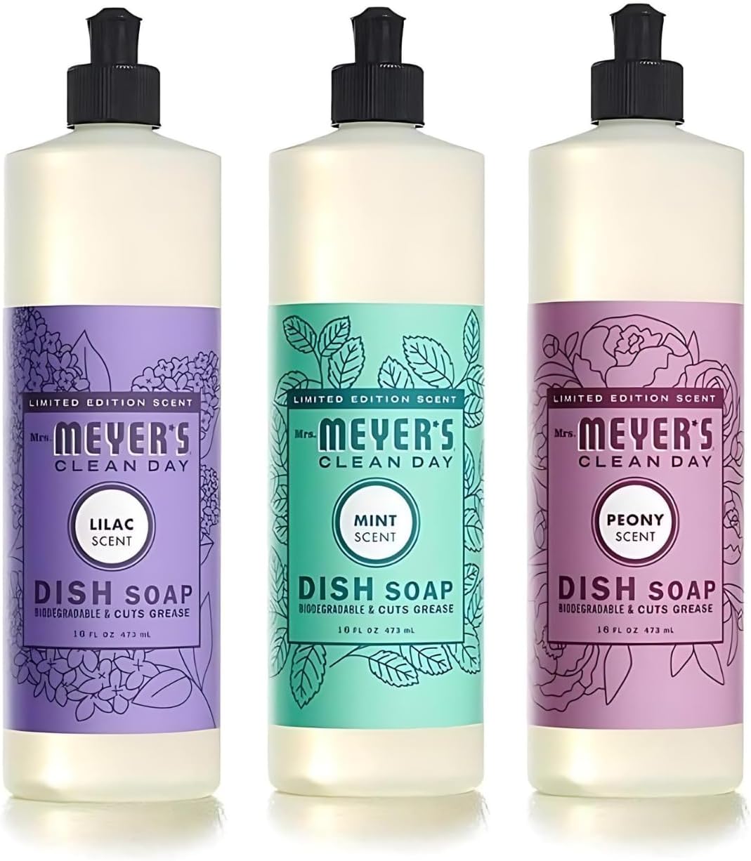 MRS. MEYER'S CLEAN DAY Liquid Dish Soap, Biodegradable Formula, Basil, 16 fl. oz - Pack of 3