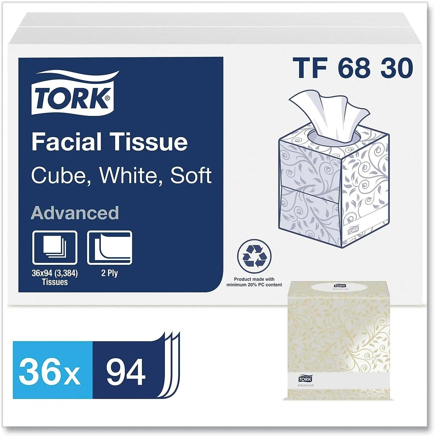 Tork Advanced Facial Tissue Flat Box White, Soft, 2-ply, 30 x 100 tissues, TF6810
