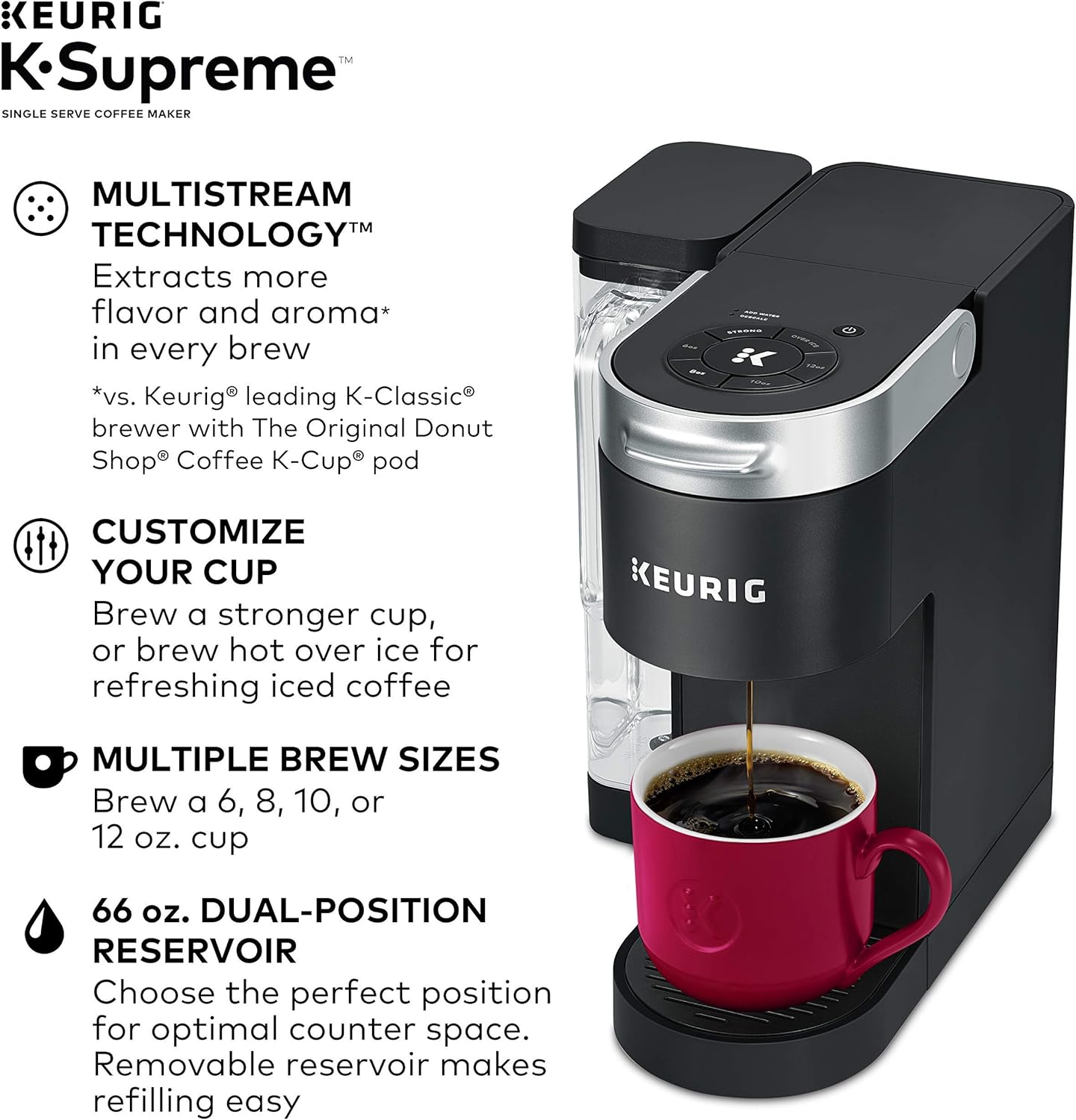 Keurig K-Supreme Single Serve K-Cup Pod Coffee Maker, MultiStream Technology, 4 Brew Sizes, 66oz Dual-Position Removable Reservoir, Black