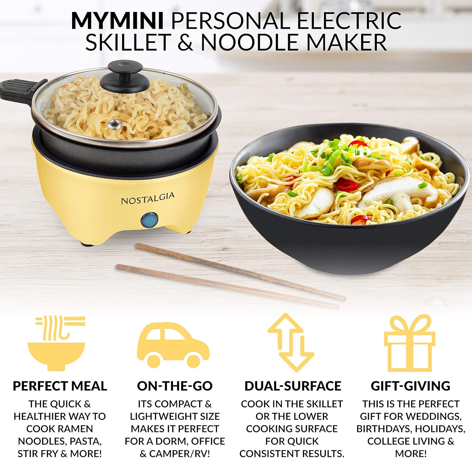 Nostalgia MyMini Personal Electric Skillet & Rapid Noodle Maker, Perfect For Healthy Keto & Low-Carb Diets, Yellow
